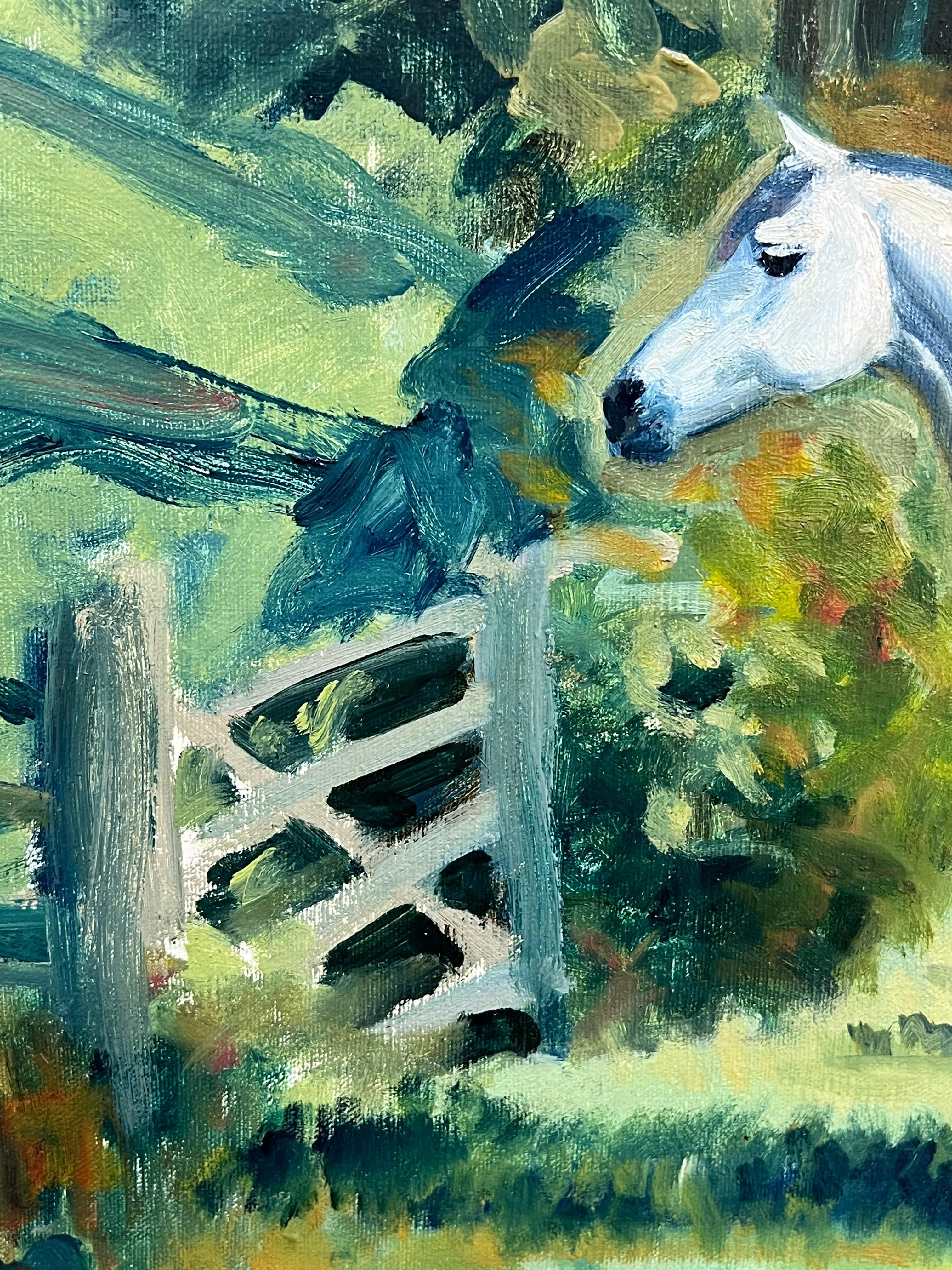Grande peinture à l'huile britannique représentant un cheval blanc dans des terrains verts, signée 20e siècle en vente 4