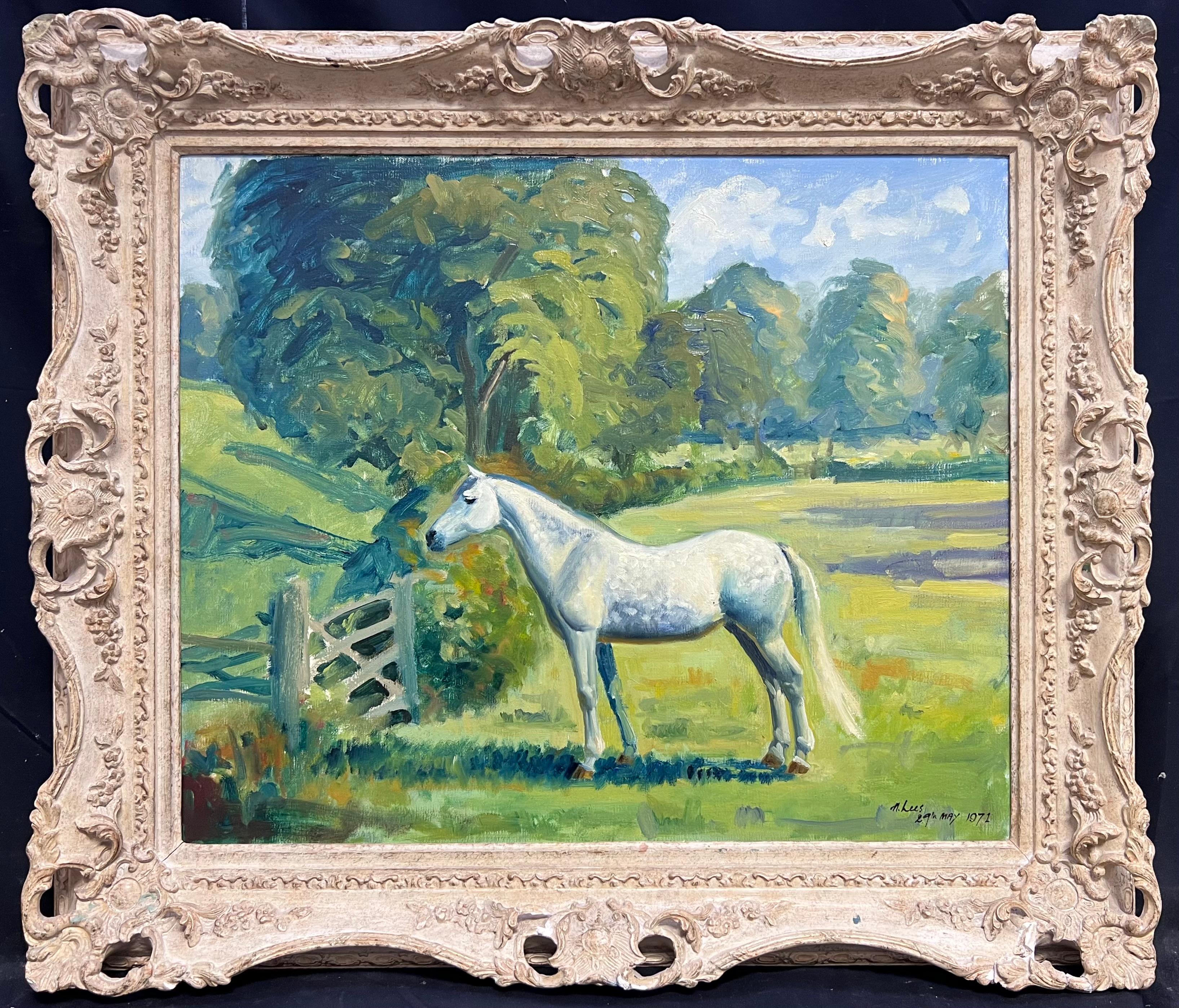 English Equestrian artist Portrait Painting - Large British Sporting Art Oil Painting White Horse in Green Fields signed 20thC
