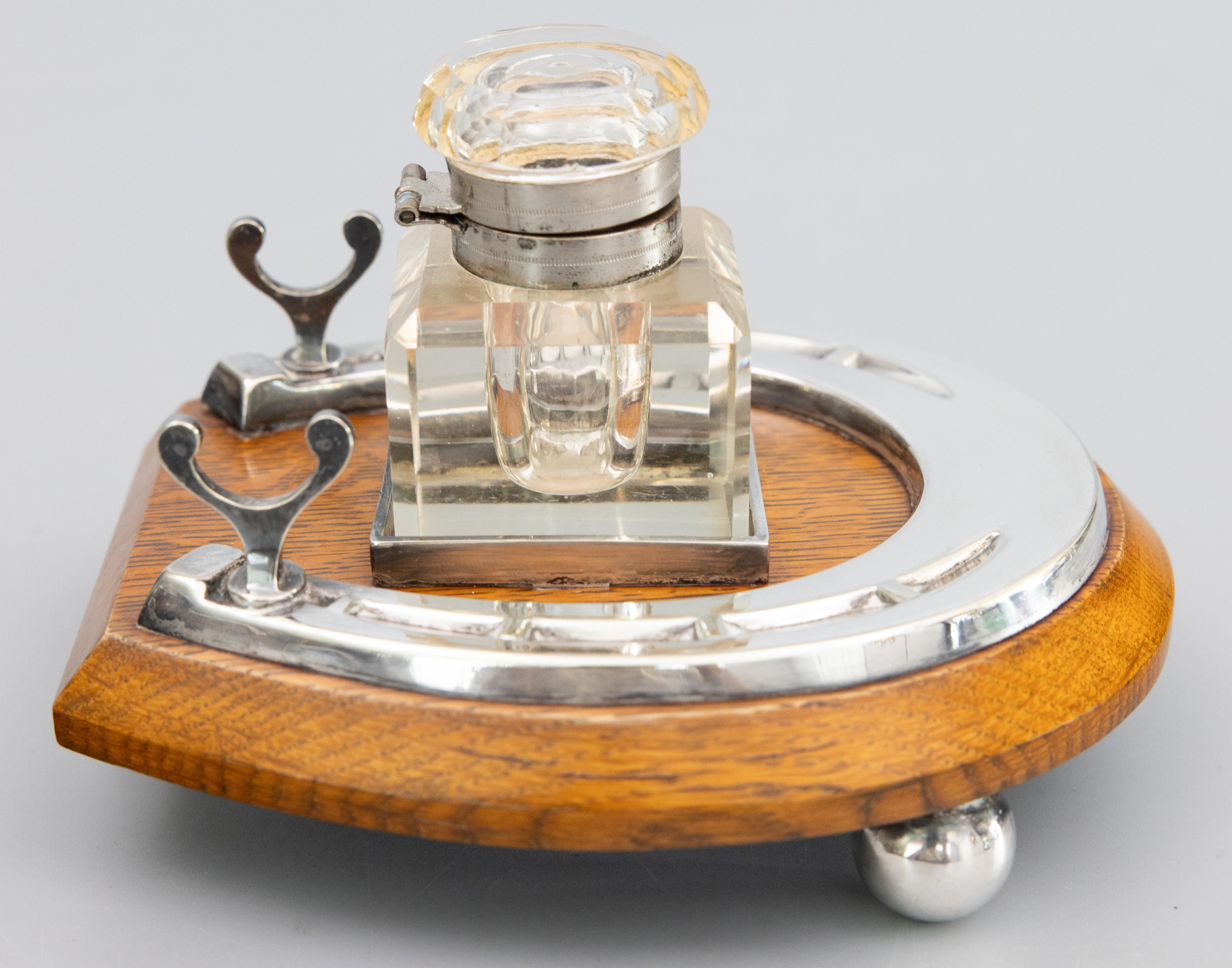 Edwardian English Equestrian Horseshoe Silver Plate & Oak Desktop Inkwell Inkstand c. 1900 For Sale