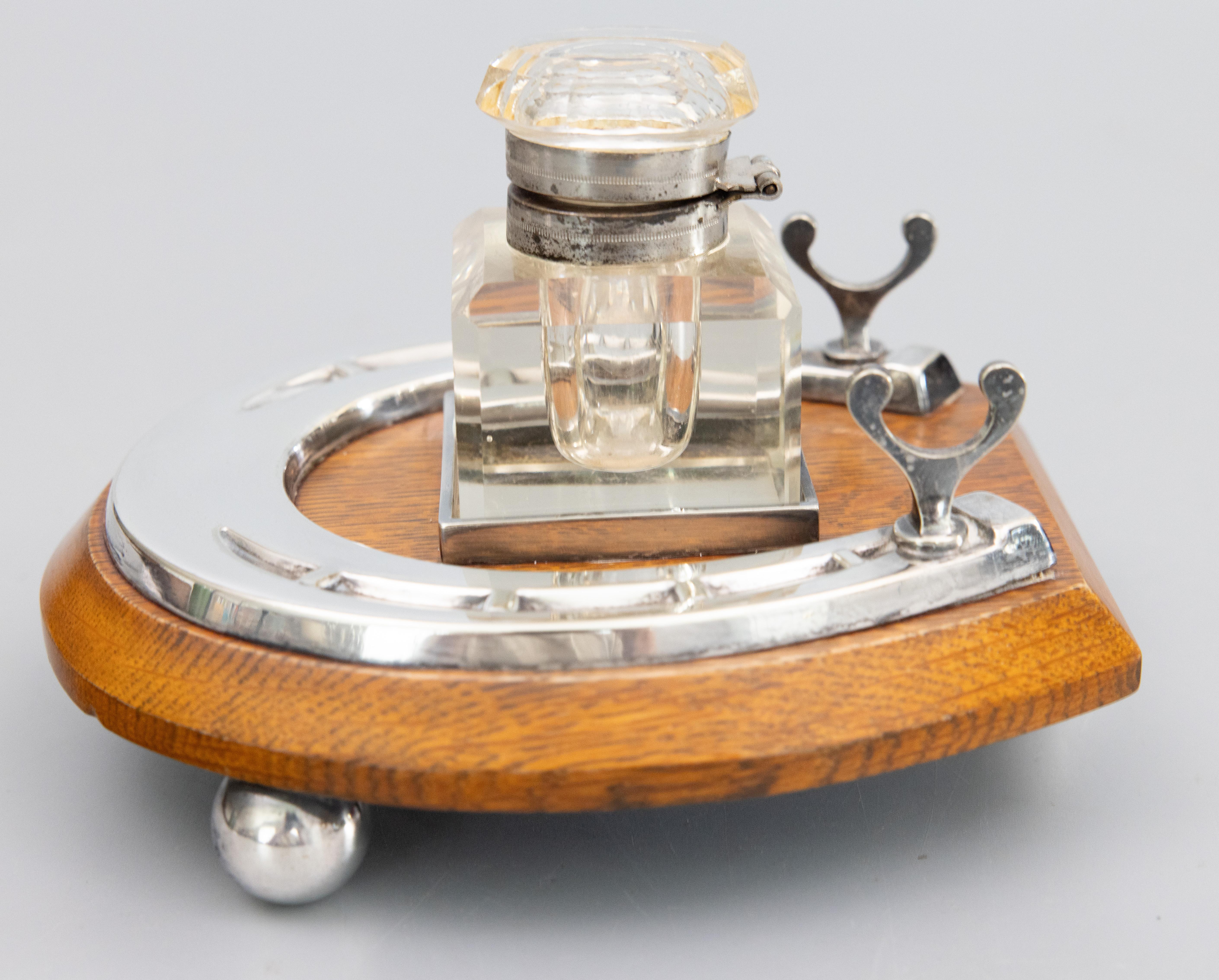 Early 20th Century English Equestrian Horseshoe Silver Plate & Oak Desktop Inkwell Inkstand c. 1900 For Sale