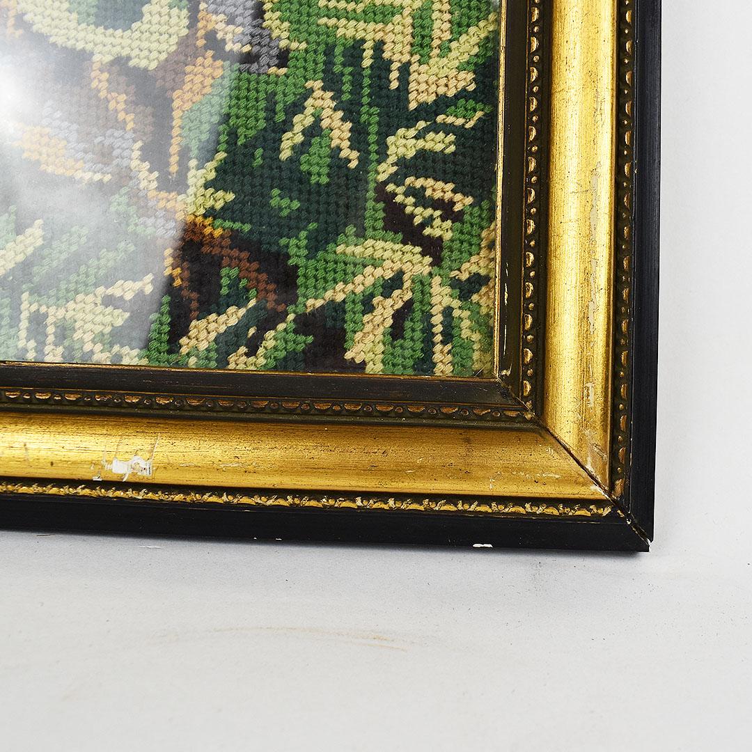 American English Equestrian Needlepoint Hunting Scene in Tall Rectangular Giltwood Frame