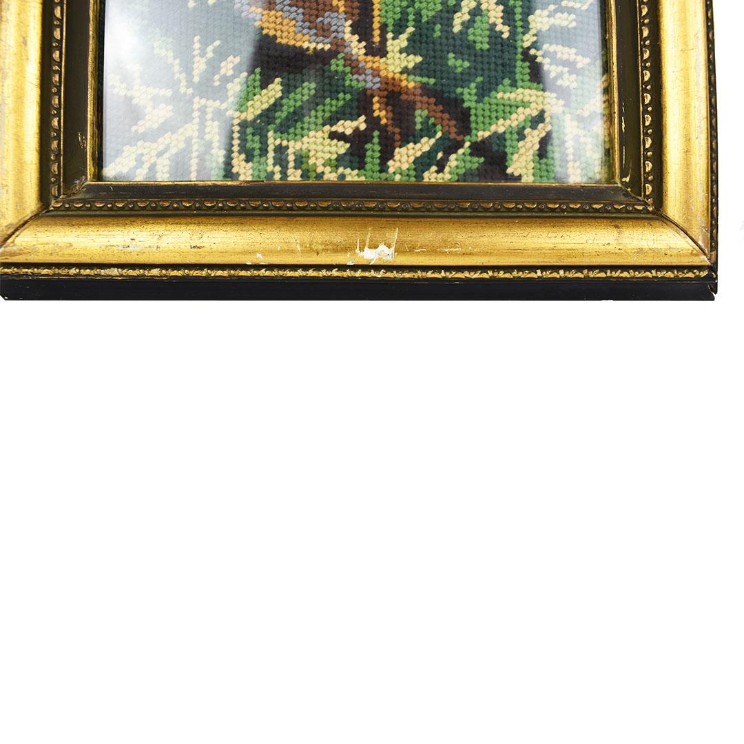 English Equestrian Needlepoint Hunting Scene in Tall Rectangular Giltwood Frame In Good Condition In Oklahoma City, OK