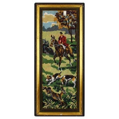 English Equestrian Needlepoint Hunting Scene in Tall Rectangular Giltwood Frame