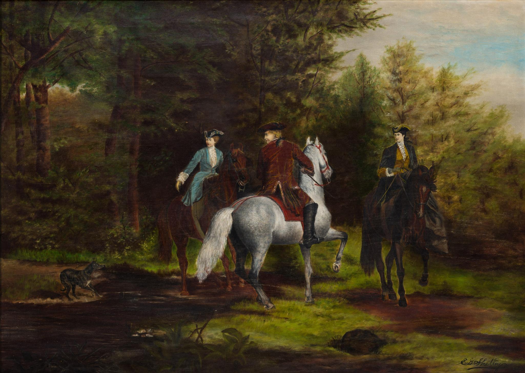 19th Century English Equestrian Scene Oil on Canvas Painting by Elizabeth Shelly. Painting features riders in formal riding attire with three riders and a dog in a wooded area. The female rider is sitting side saddle along with two males sitting on