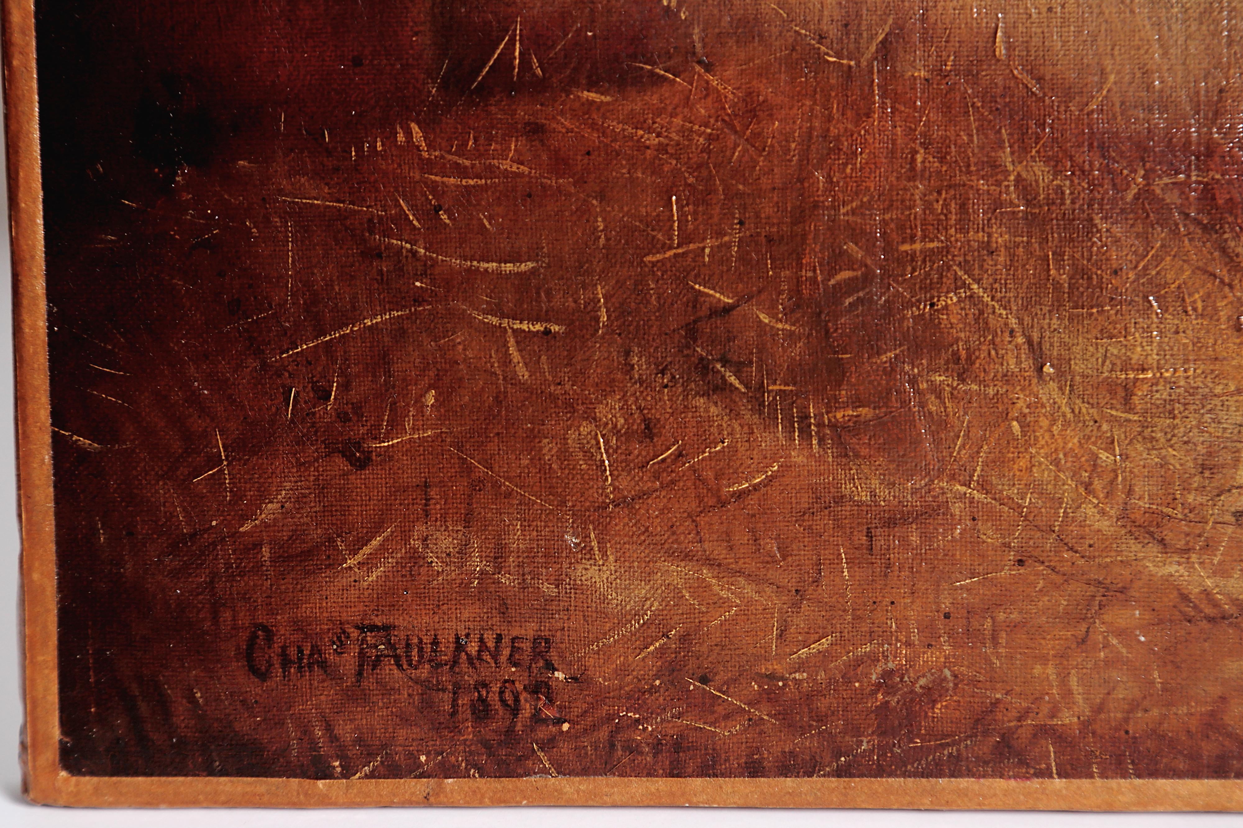 Signed and dated lower left, Chas. Faulkner 1892, marked RATTON bottom center, an English horse portrait depicting horse in stall with hay, re-lined, no frame.