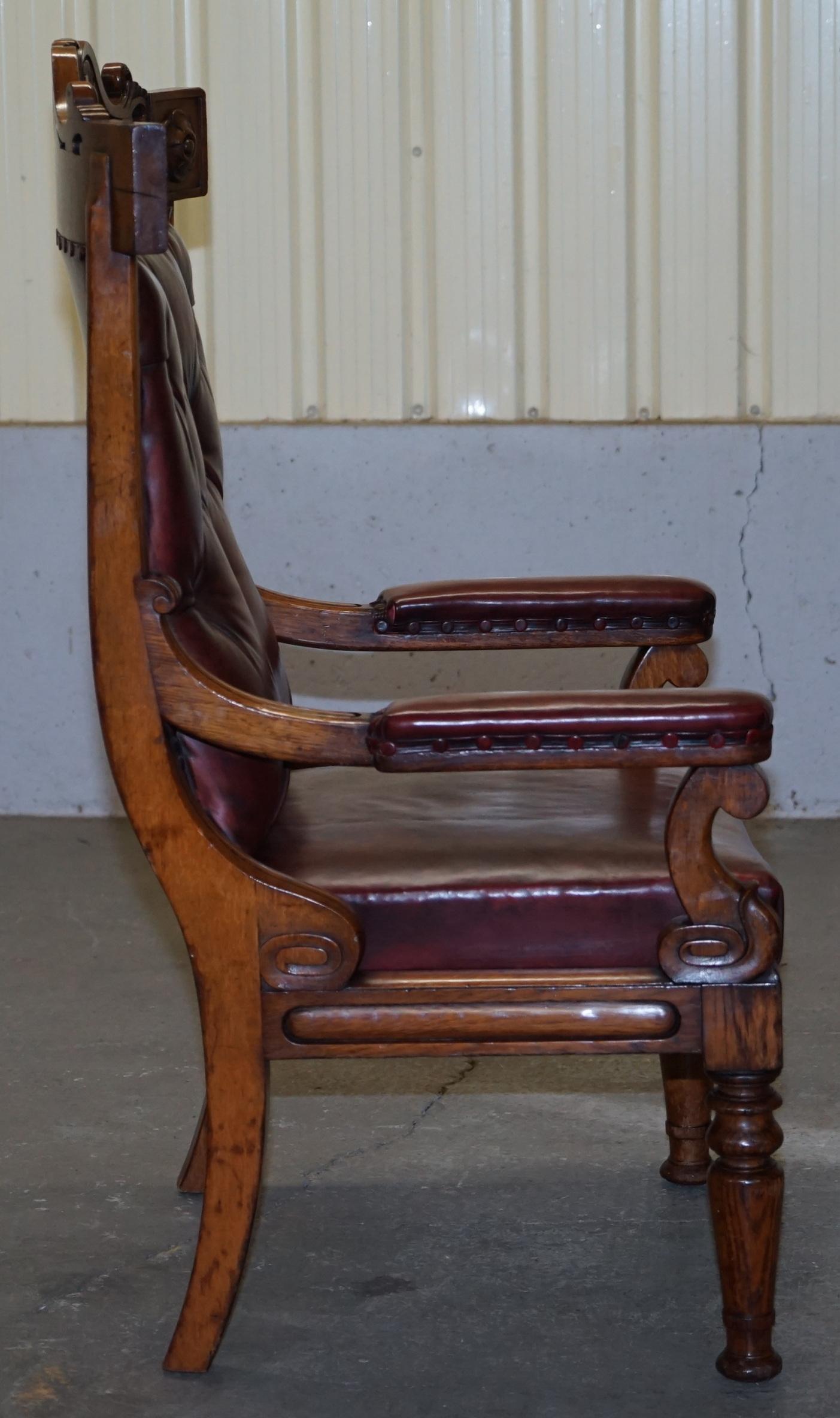 English Estate circa 1840 Royal Crown Stamped Oxblood Leather Throne Armchair For Sale 4