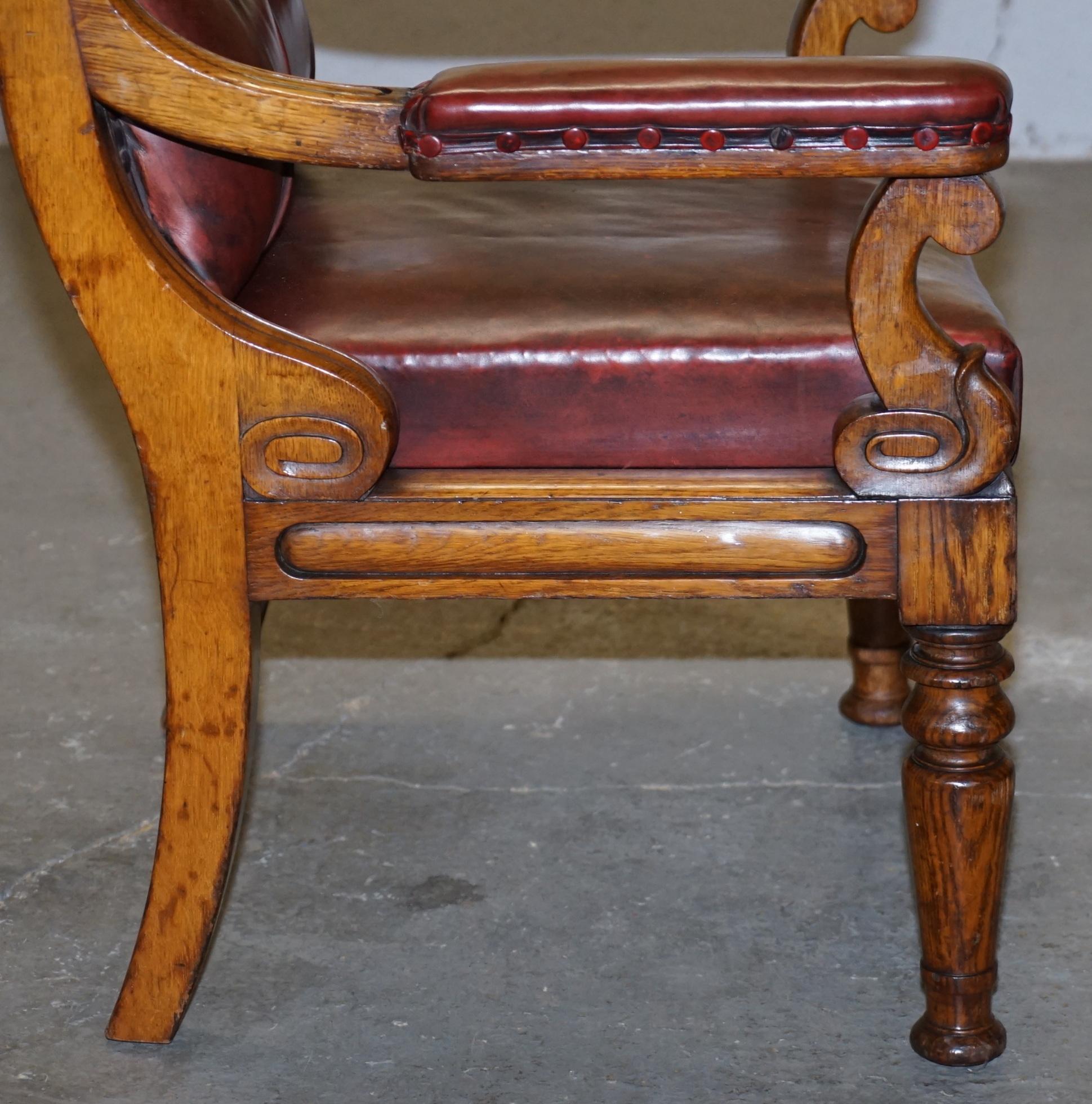 English Estate circa 1840 Royal Crown Stamped Oxblood Leather Throne Armchair For Sale 5