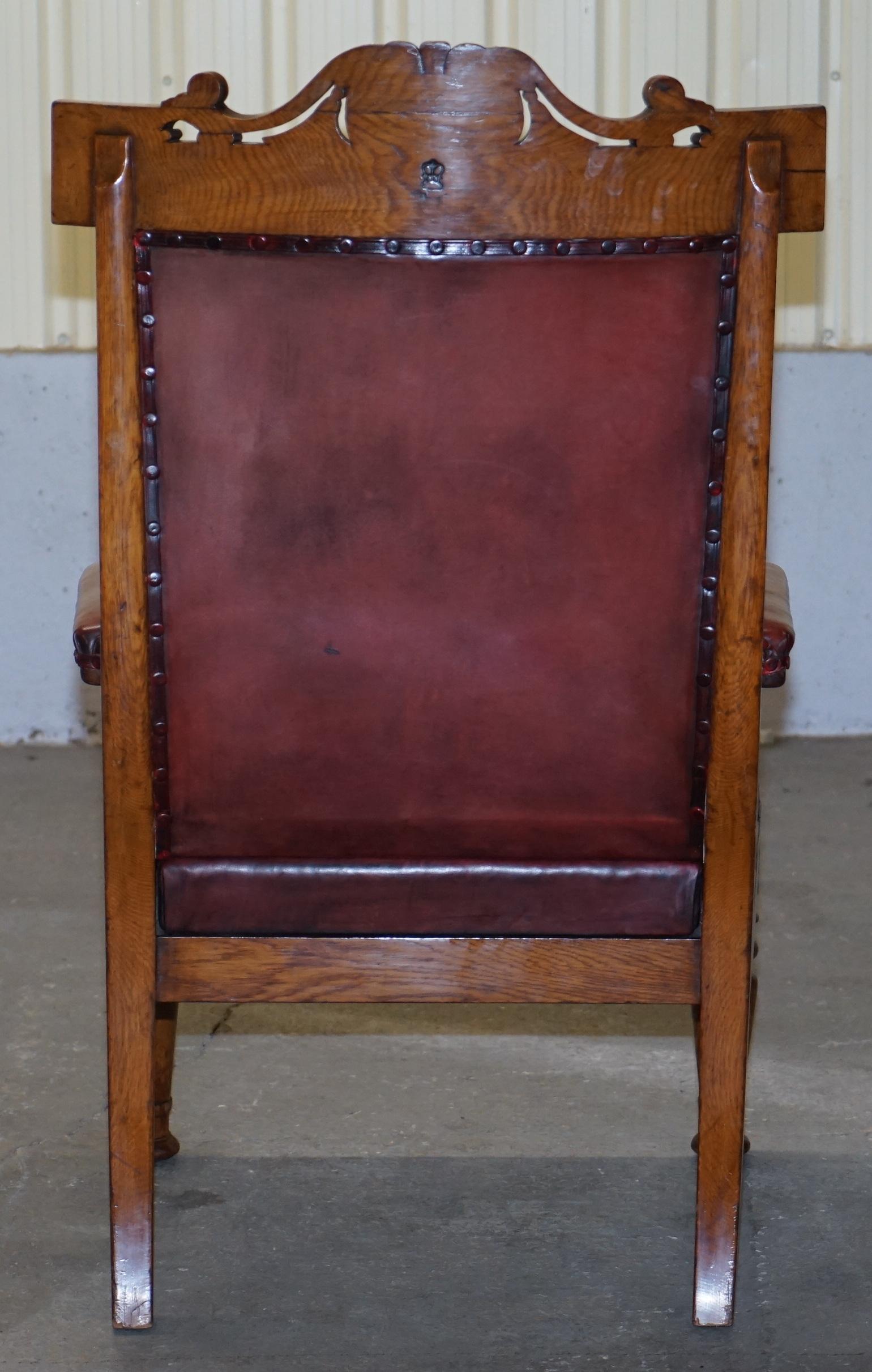 English Estate circa 1840 Royal Crown Stamped Oxblood Leather Throne Armchair For Sale 7