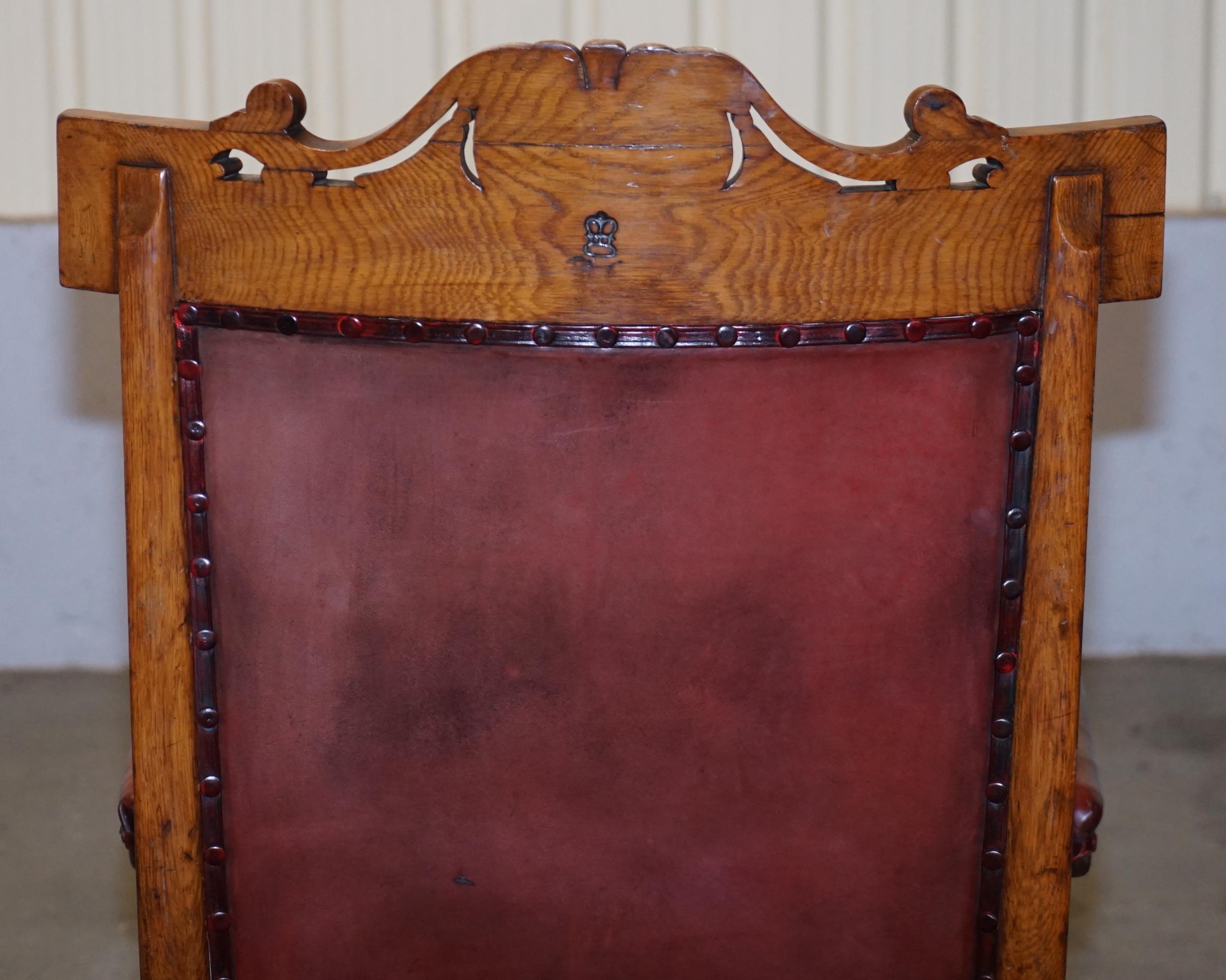 English Estate circa 1840 Royal Crown Stamped Oxblood Leather Throne Armchair For Sale 8