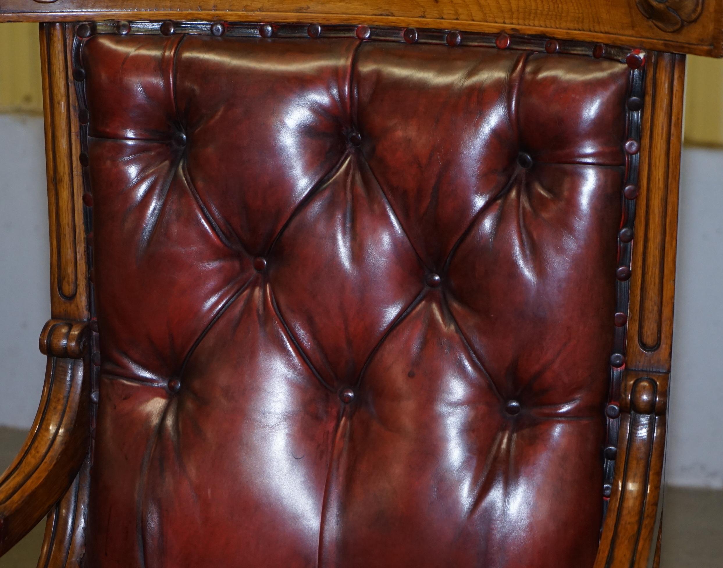 Victorian English Estate circa 1840 Royal Crown Stamped Oxblood Leather Throne Armchair For Sale