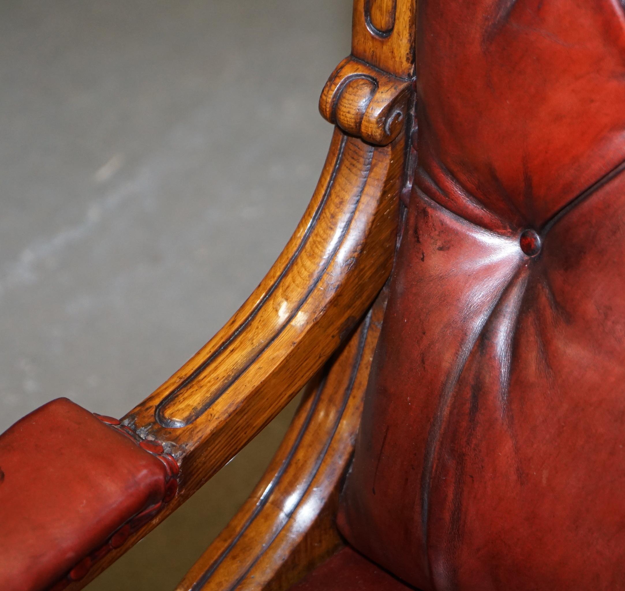 Mid-19th Century English Estate circa 1840 Royal Crown Stamped Oxblood Leather Throne Armchair For Sale