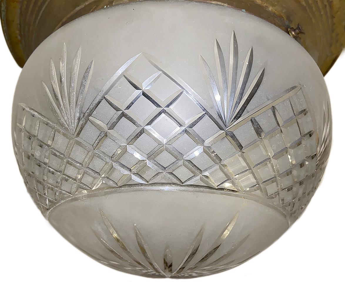 Early 20th Century English Etched Glass Flush-Mount Fixture For Sale