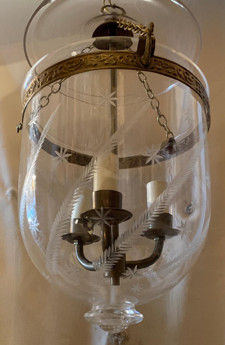 English Etched Star Wheat Glass Bell Jar Lantern Pendent Brass 3 Light Fixture at 1stDibs bell