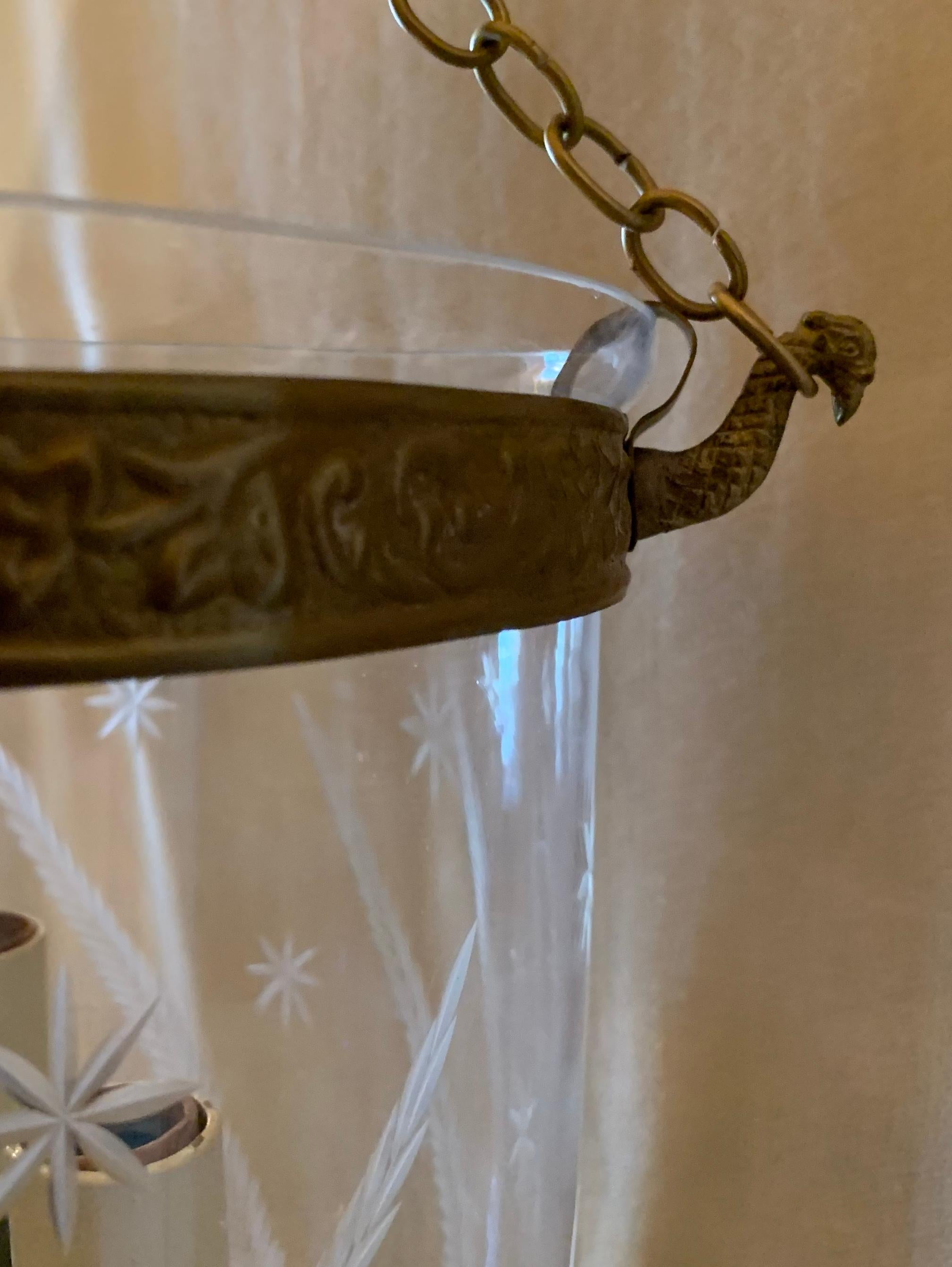 Regency English Etched Star Wheat Glass Bell Jar Lantern Pendent Brass 3 Light Fixture
