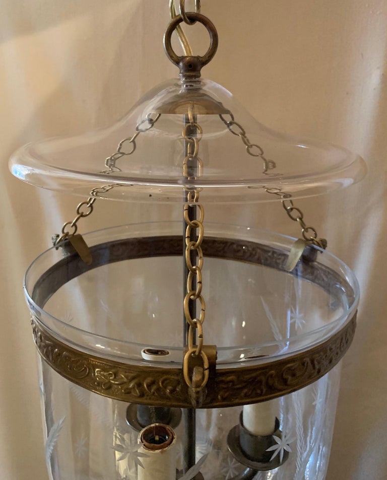 English Etched Star Wheat Glass Bell Jar Lantern Pendent Brass 3 Light