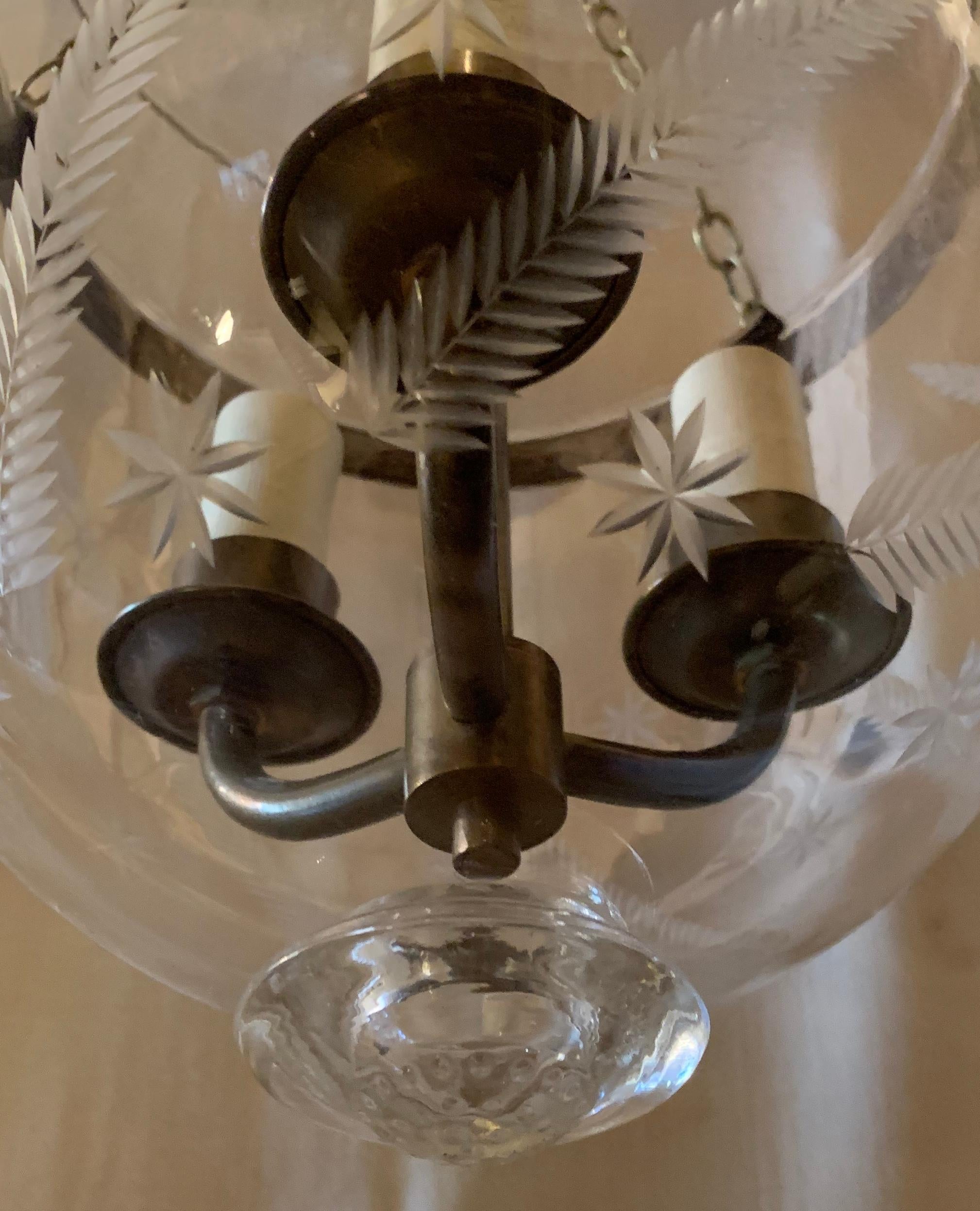20th Century English Etched Star Wheat Glass Bell Jar Lantern Pendent Brass 3 Light Fixture