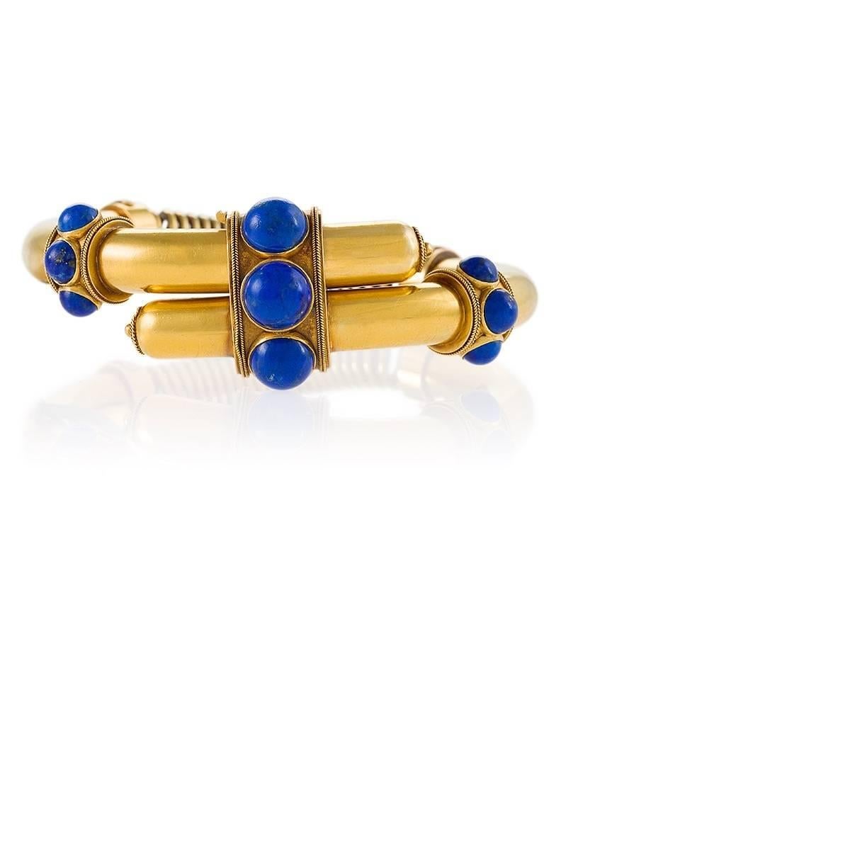 English Etruscan Revival Lapis Lazuli and Gold Cross Over Bracelet In Excellent Condition In New York, NY