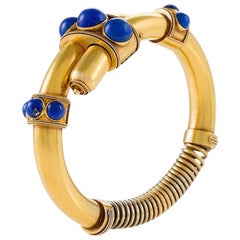 English Etruscan Revival Lapis Lazuli and Gold Cross Over Bracelet