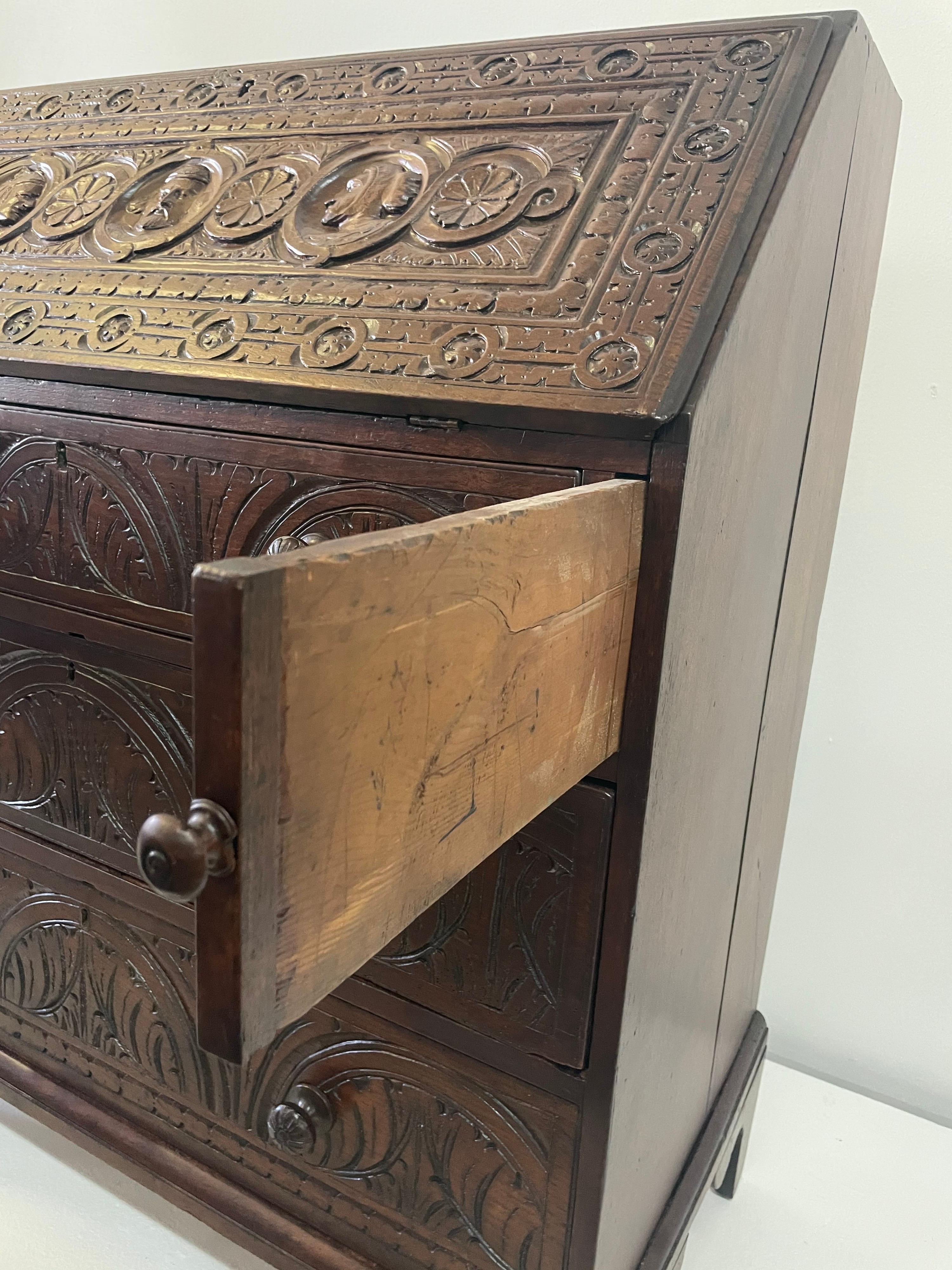 English Fall-Front Secretary Desk in Carved Oak, Circa 1800 For Sale 3