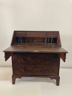 English Fall-Front Secretary Desk in Carved Oak, Circa 1800