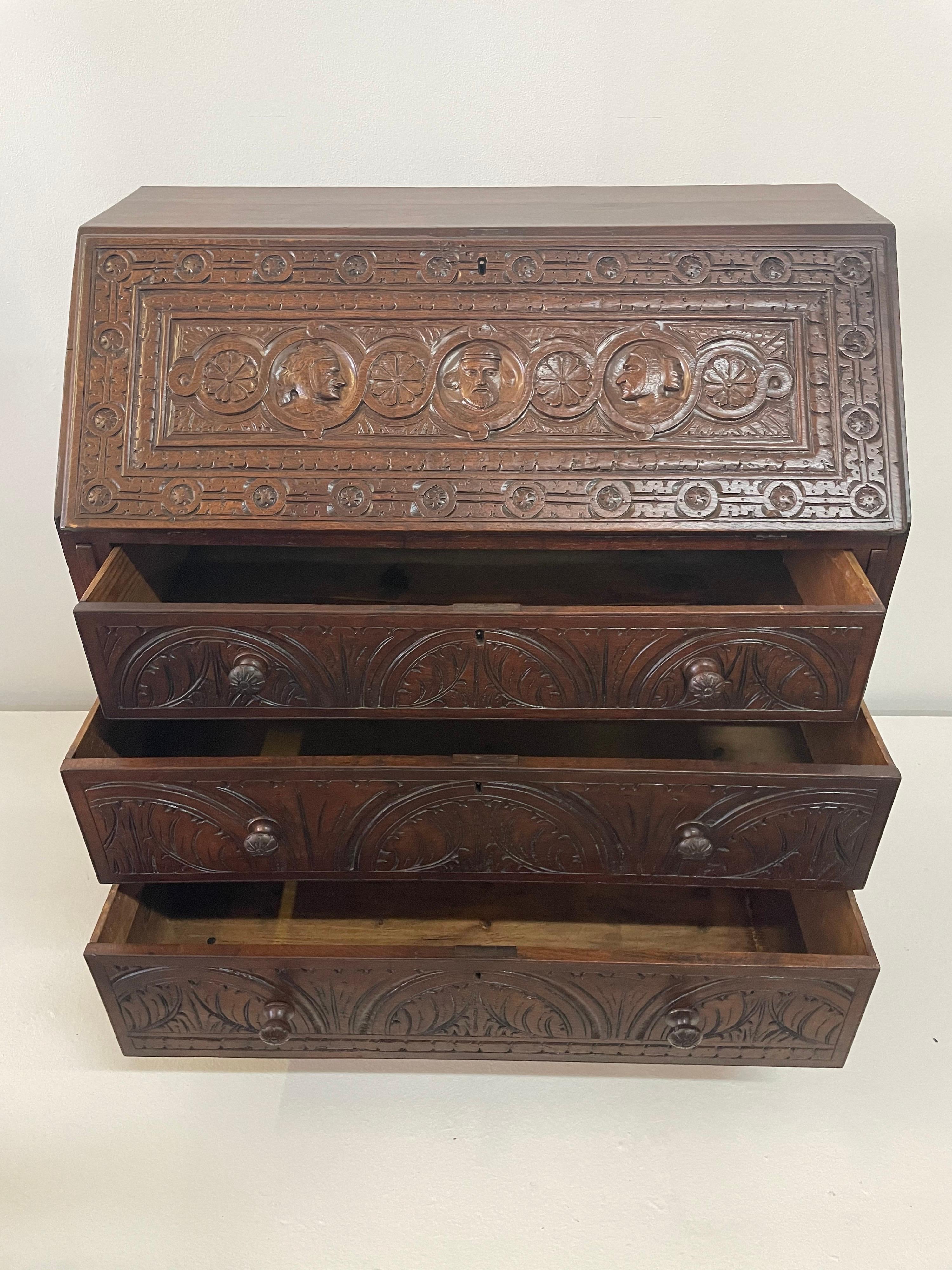 English Fall-Front Secretary Desk in Carved Oak, Circa 1800 For Sale 11