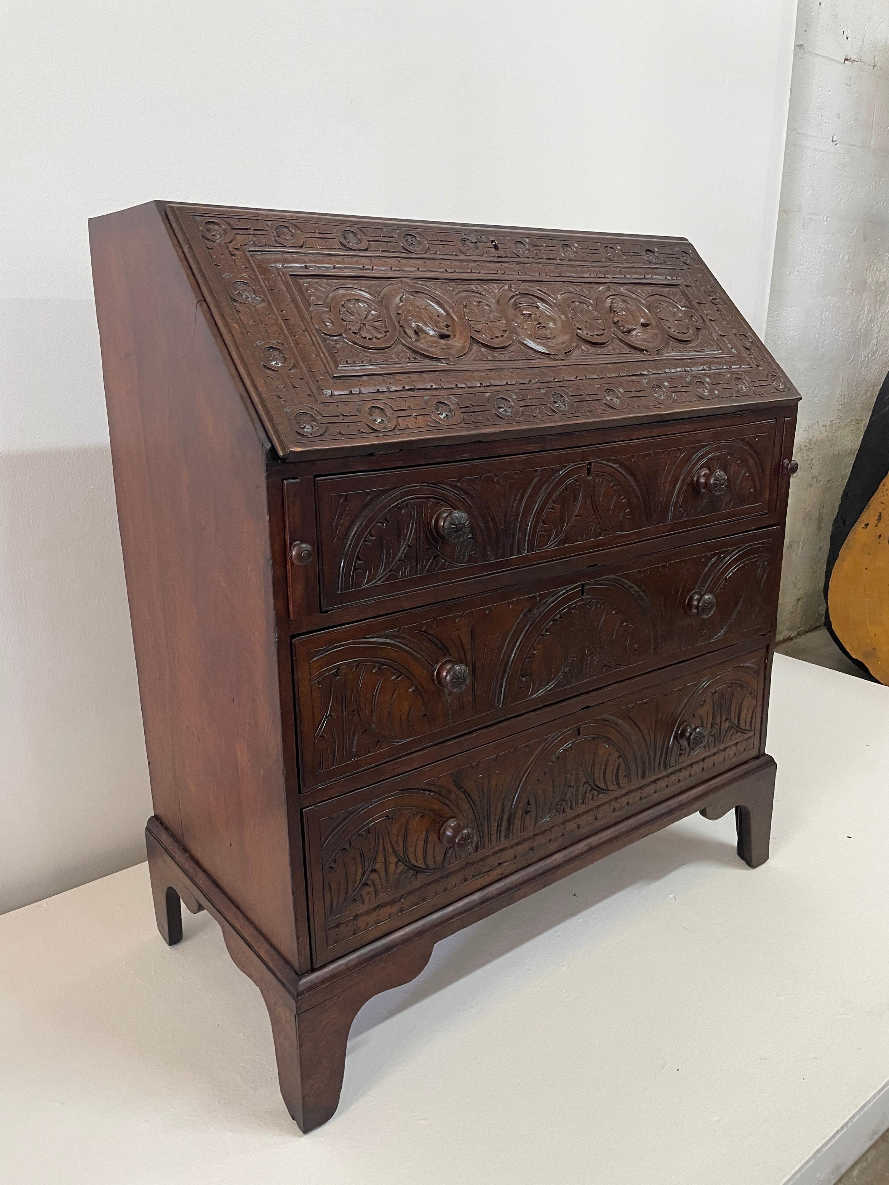 British Colonial English Fall-Front Secretary Desk in Carved Oak, Circa 1800 For Sale