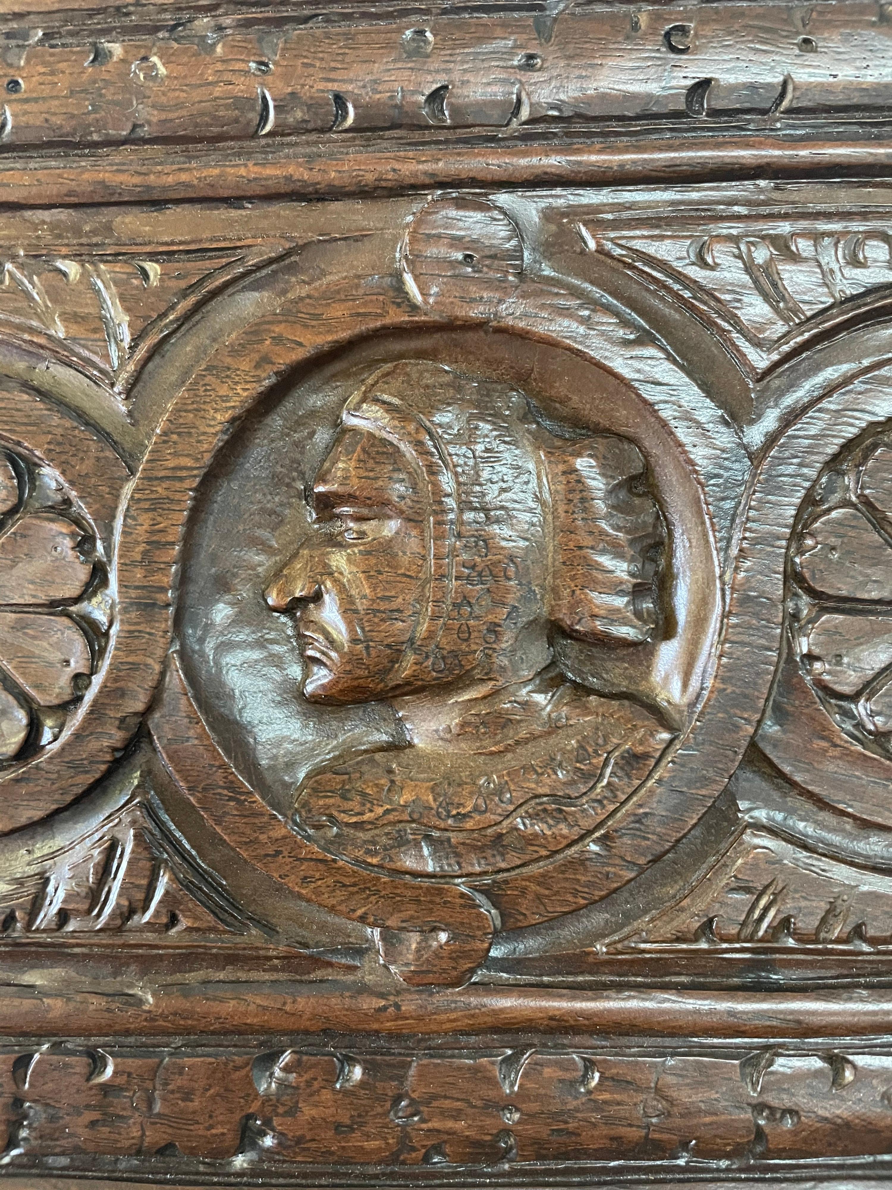 19th Century English Fall-Front Secretary Desk in Carved Oak, Circa 1800 For Sale