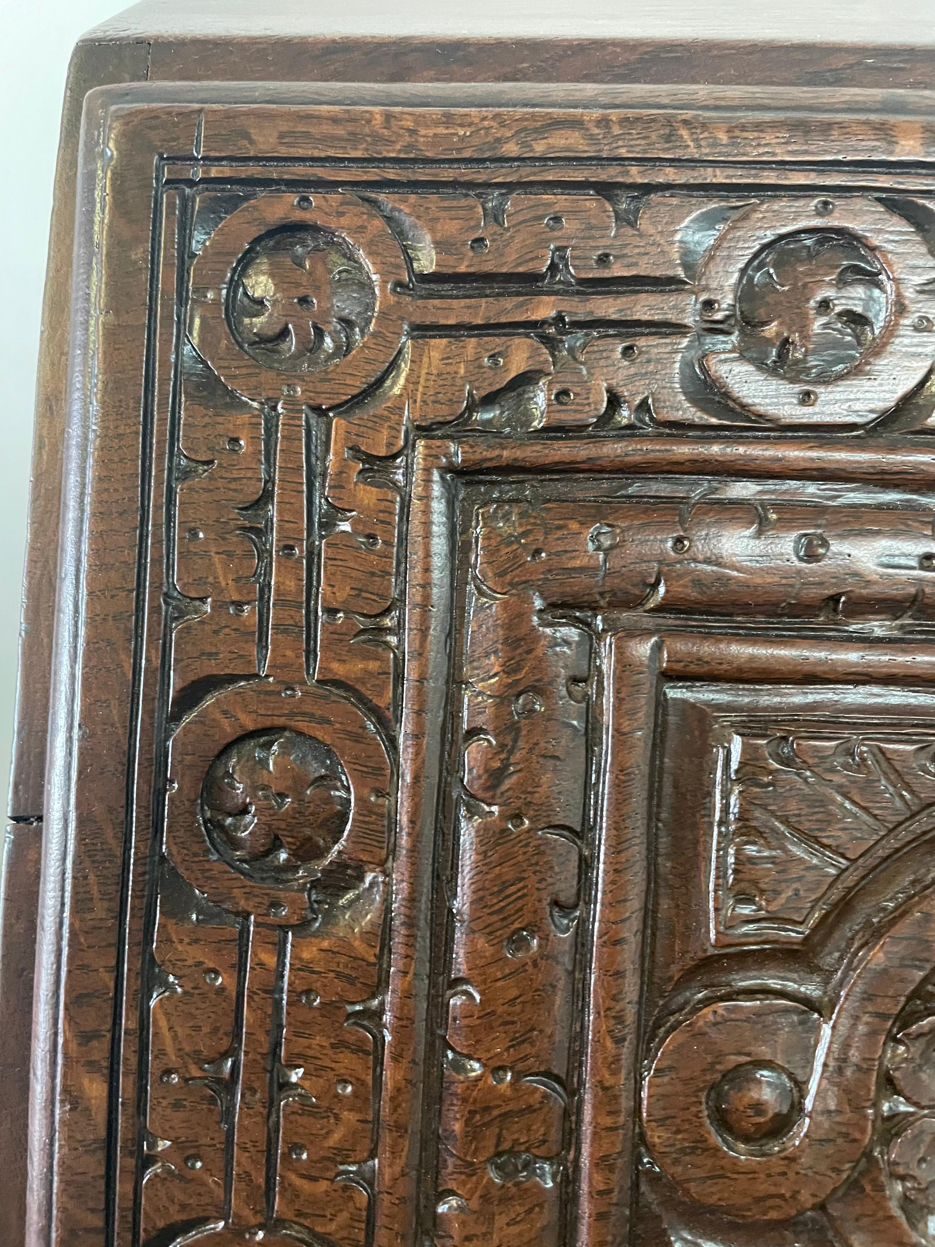 Brass English Fall-Front Secretary Desk in Carved Oak, Circa 1800 For Sale