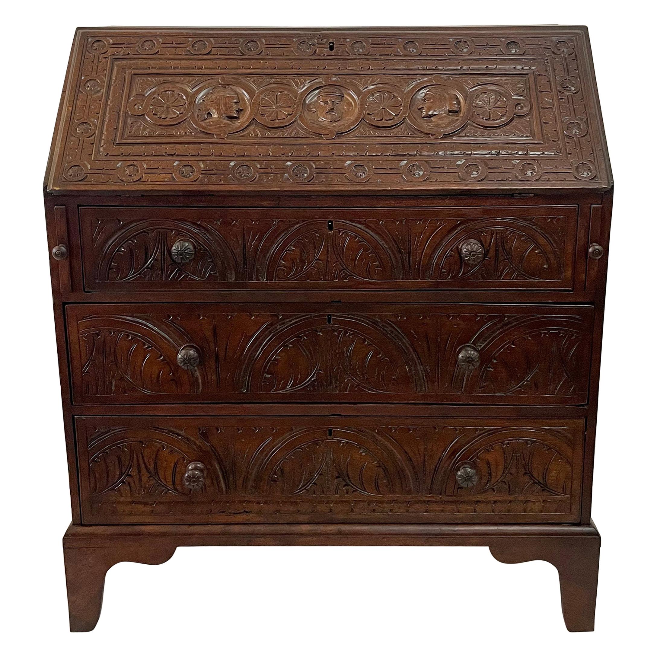 English Fall-Front Secretary Desk in Carved Oak, Circa 1800