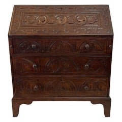 Antique English Fall-Front Secretary Desk in Carved Oak, Circa 1800