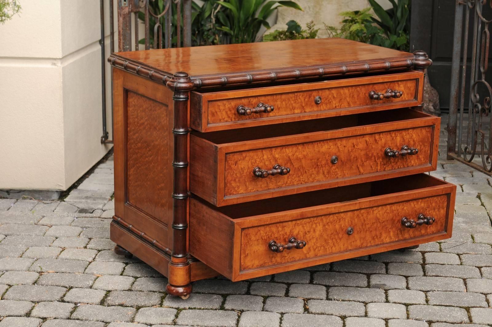 English Faux-Bamboo and Burled Walnut Three-Drawer Commode from the 1880s In Good Condition In Atlanta, GA