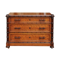 English Faux-Bamboo and Burled Walnut Three-Drawer Commode from the 1880s