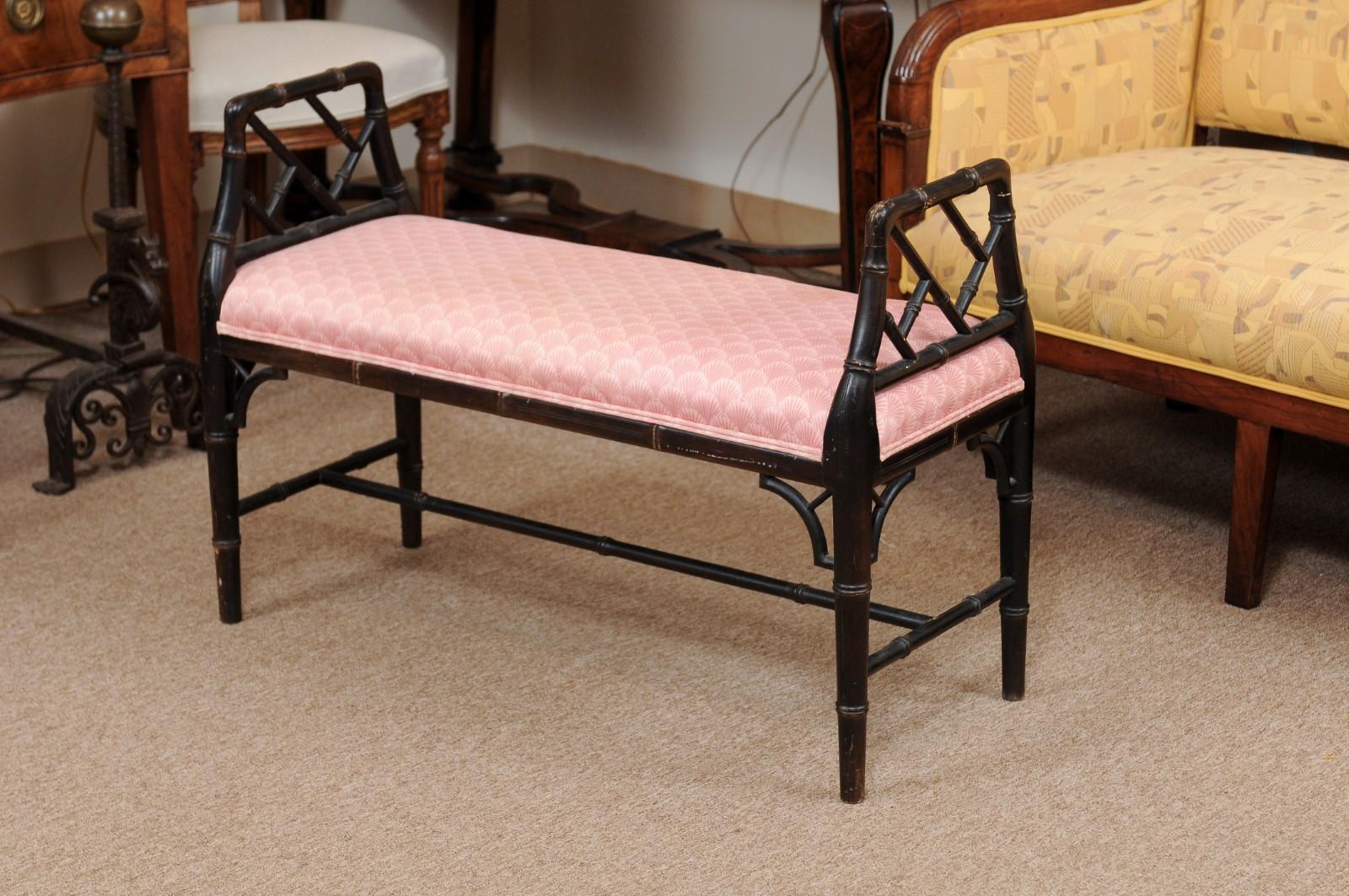 English Faux Bamboo Black Painted Window Bench 4