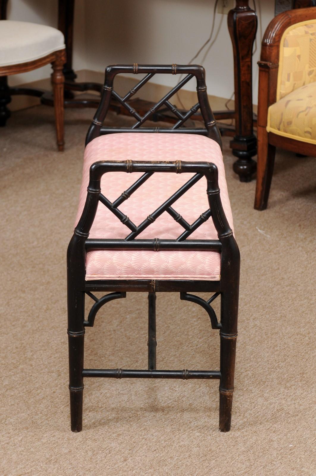 20th Century English Faux Bamboo Black Painted Window Bench