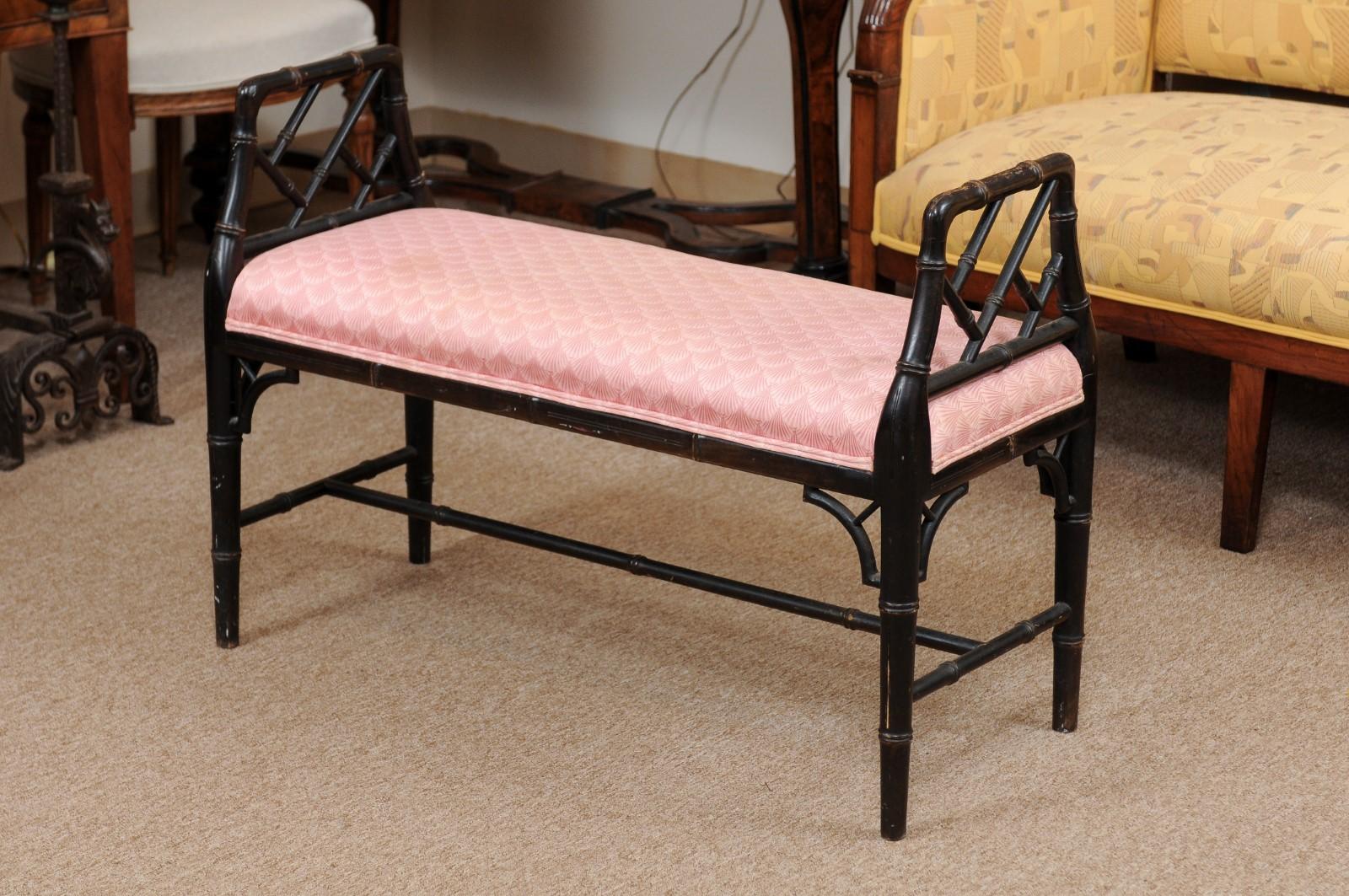 Wood English Faux Bamboo Black Painted Window Bench