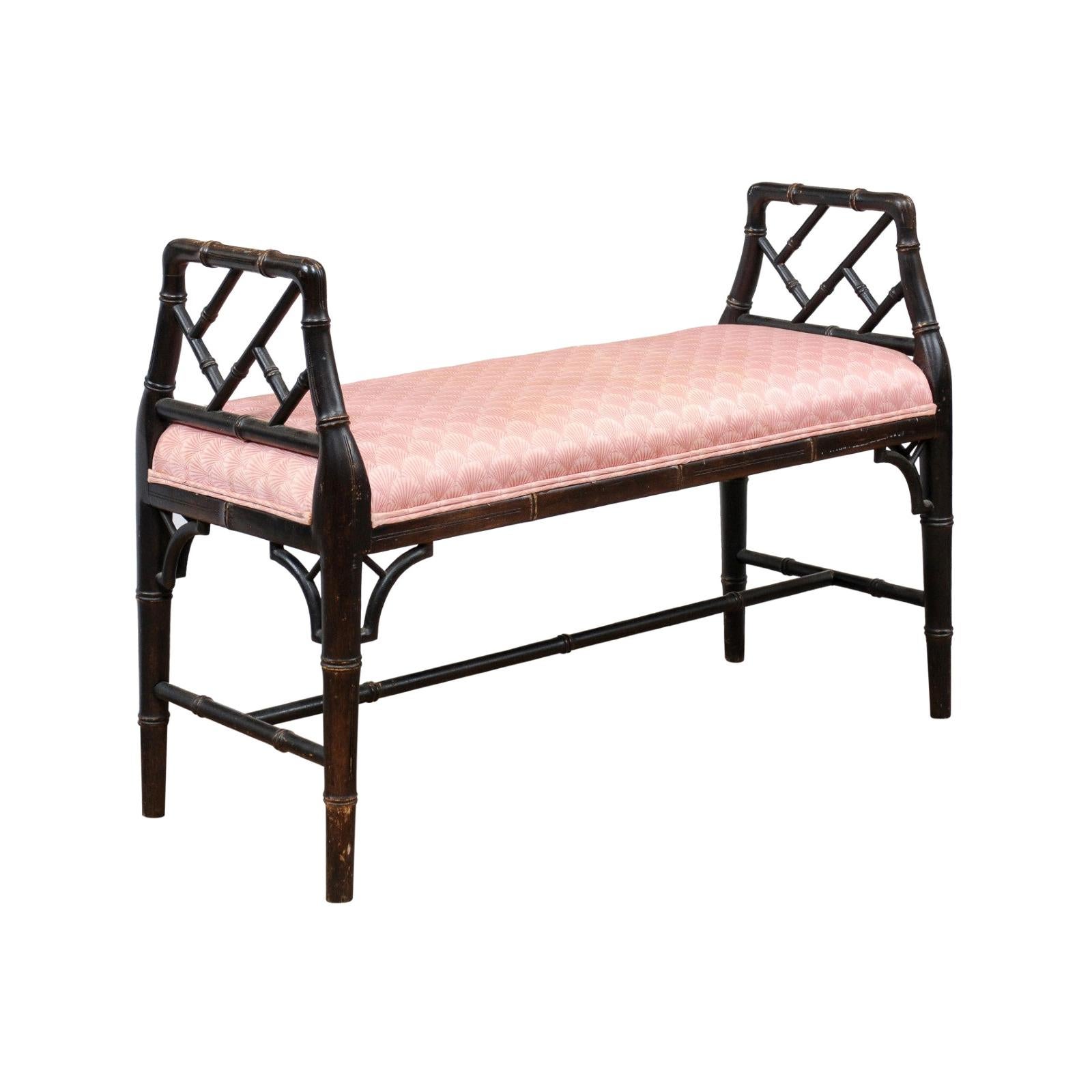 English Faux Bamboo Black Painted Window Bench