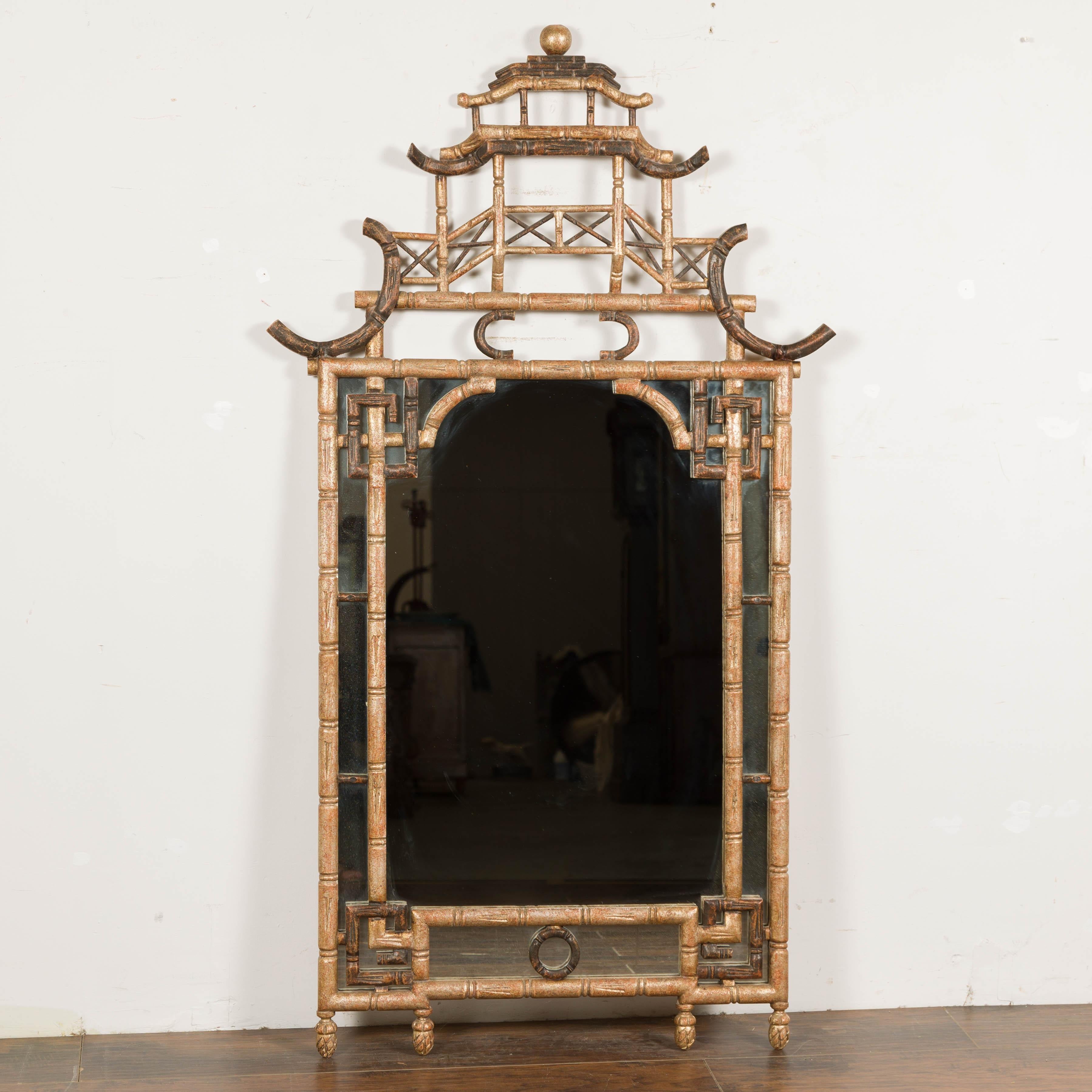 English Faux Bamboo Carved Pagoda Mirror, 20th Century In Good Condition For Sale In Atlanta, GA