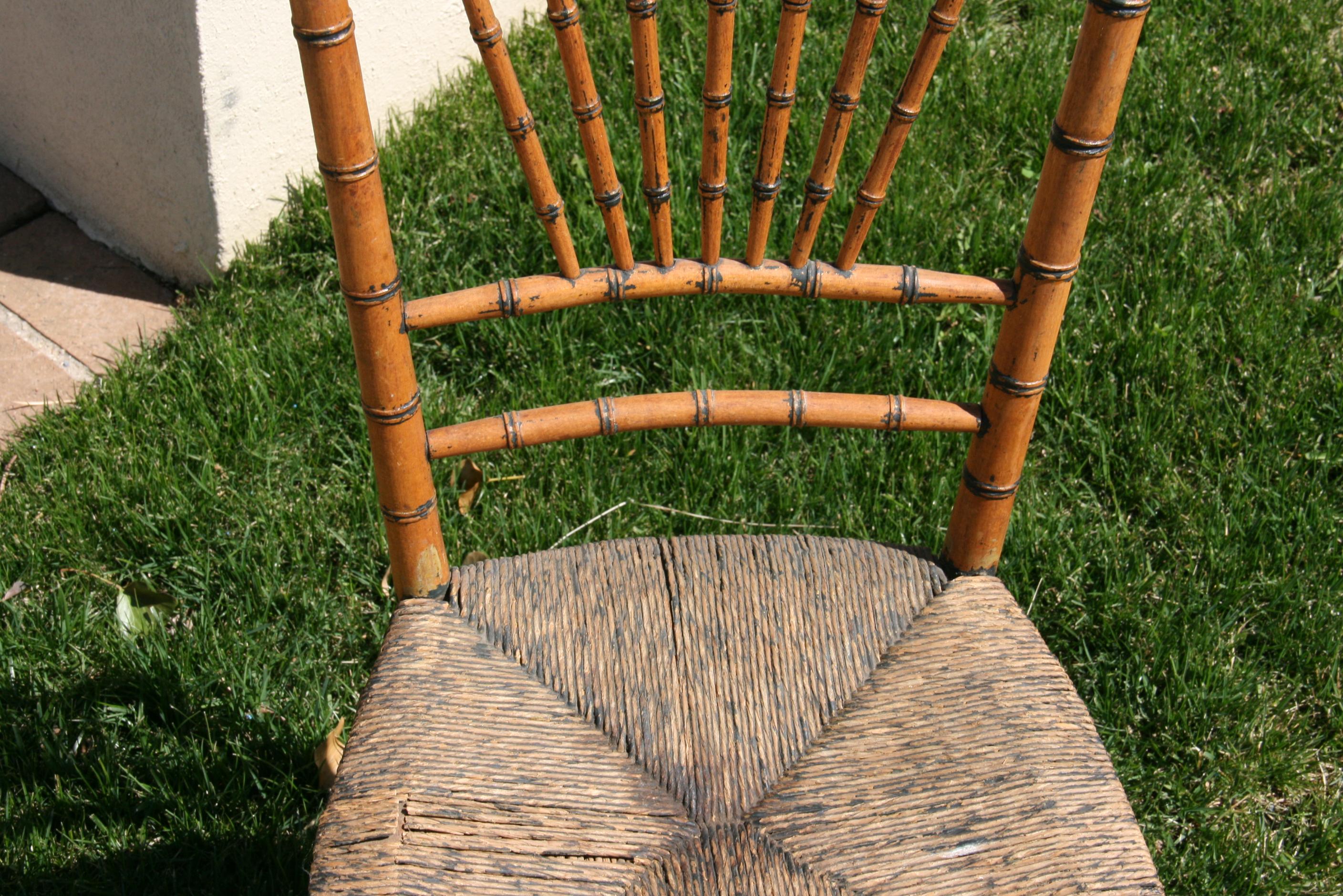 English Faux Bamboo Chair with Rush Seat, Circa 1920's In Good Condition In Douglas Manor, NY