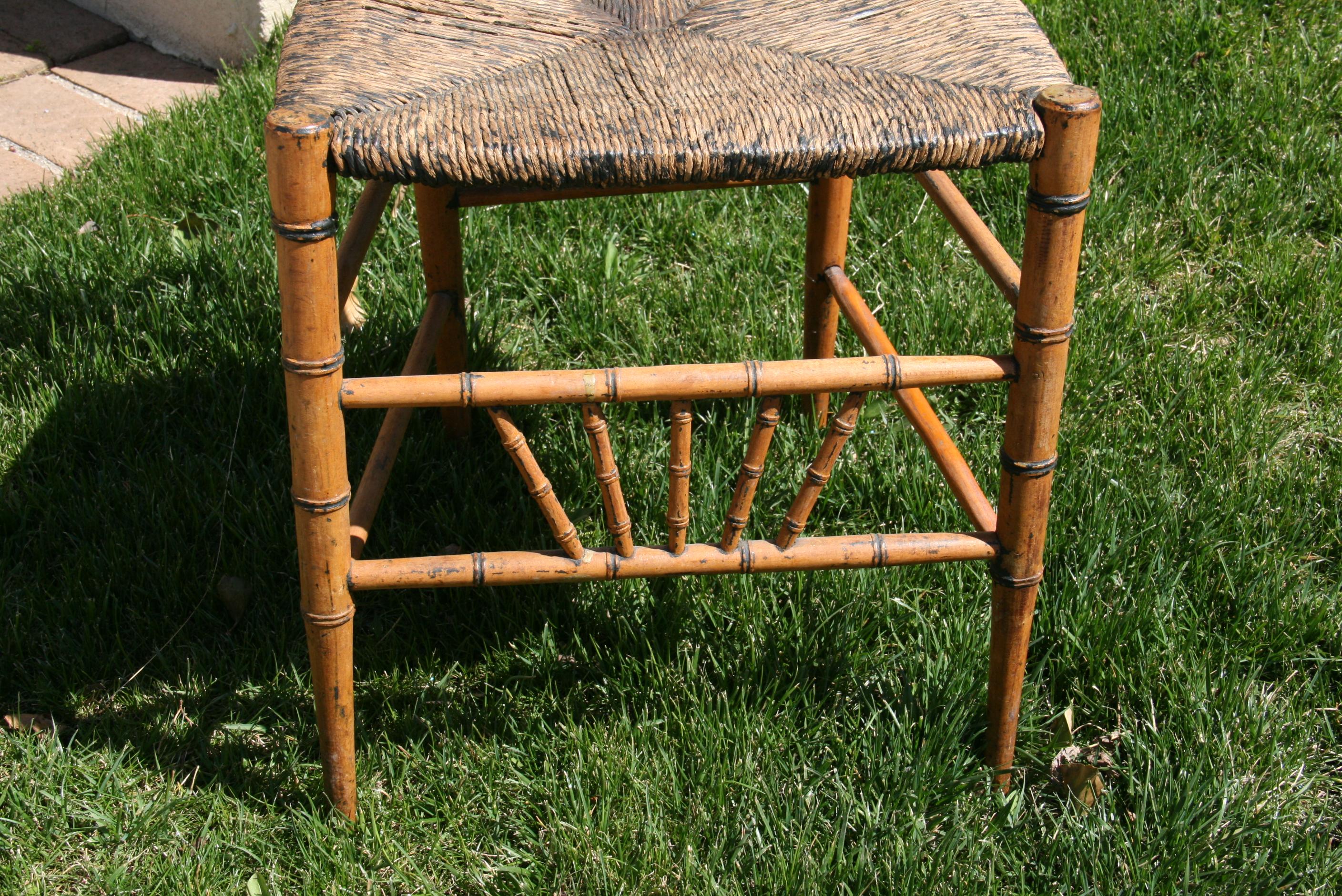 Hardwood English Faux Bamboo Chair with Rush Seat, Circa 1920's