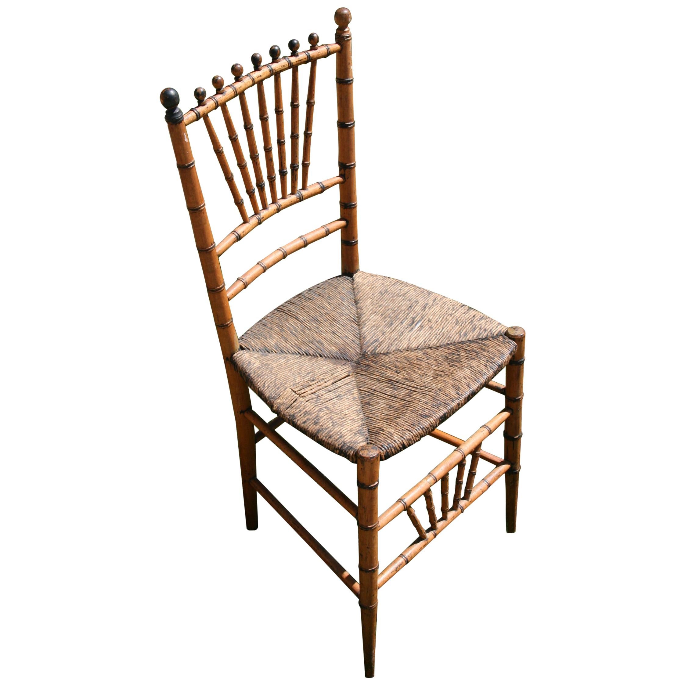 English Faux Bamboo Chair with Rush Seat, Circa 1920's