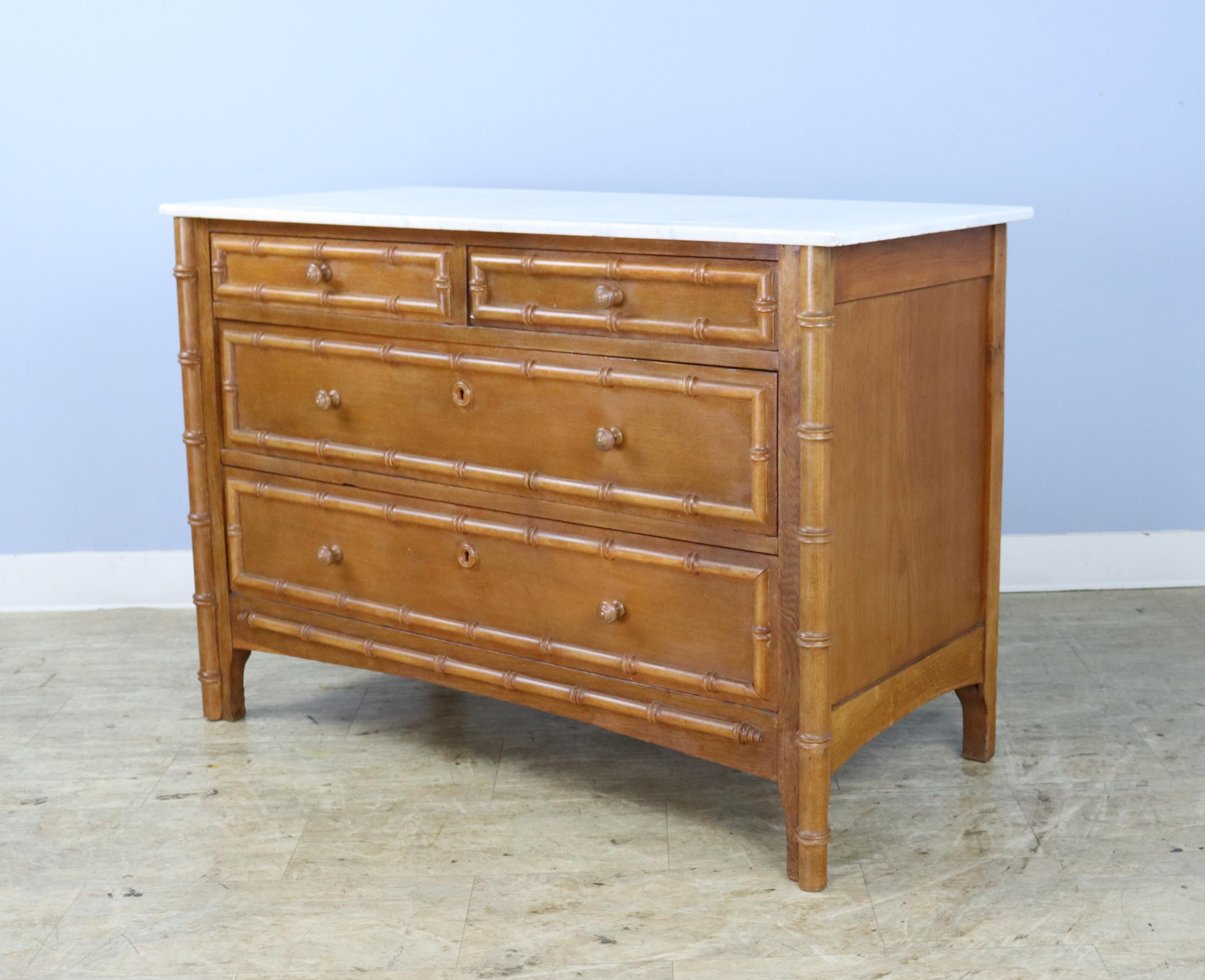 19th Century English Faux Bamboo Commode with White Marble Top For Sale