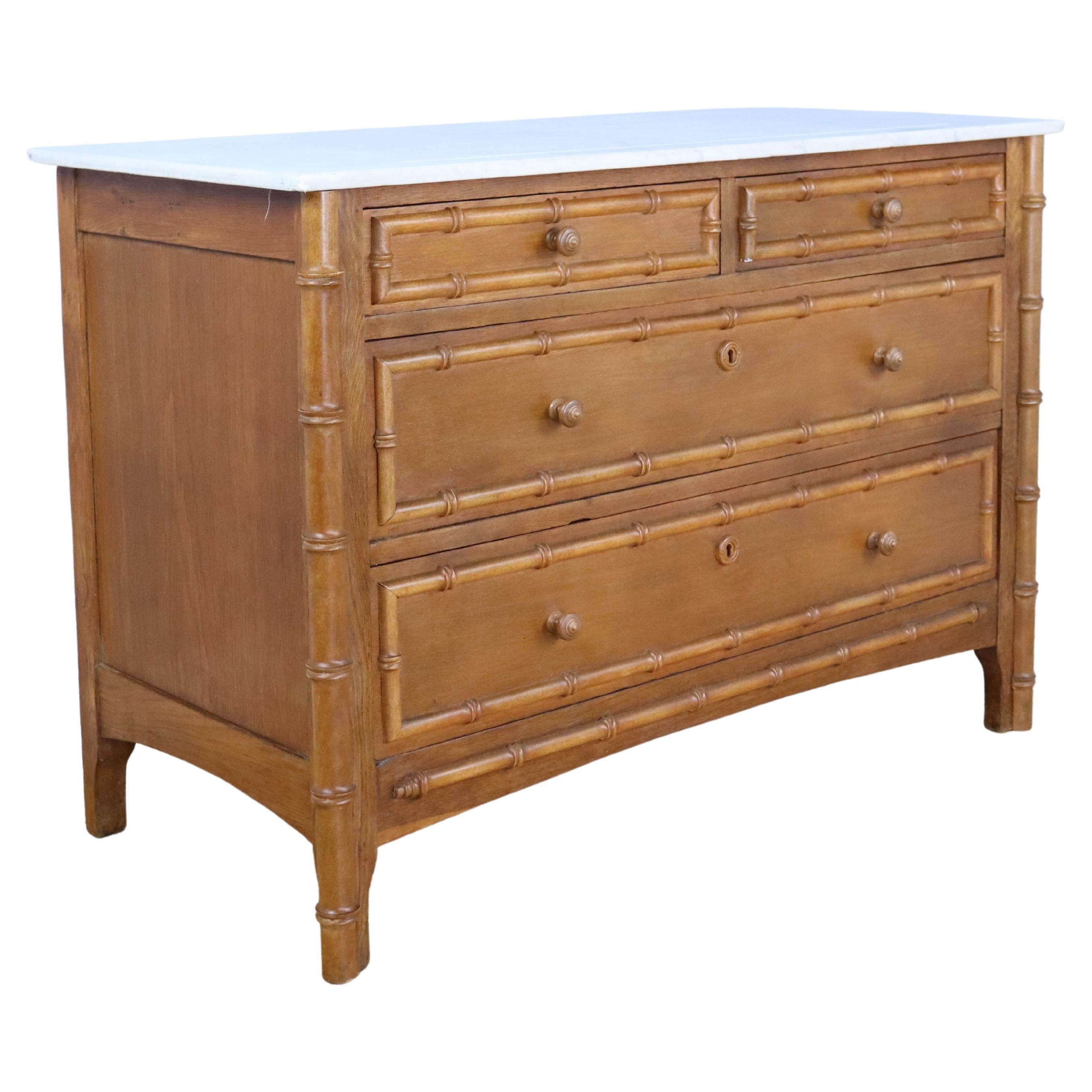 English Faux Bamboo Commode with White Marble Top For Sale