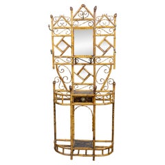 English Faux Bamboo Hall Stand with Mirror, Japanned Panels and Drawer, 1900s