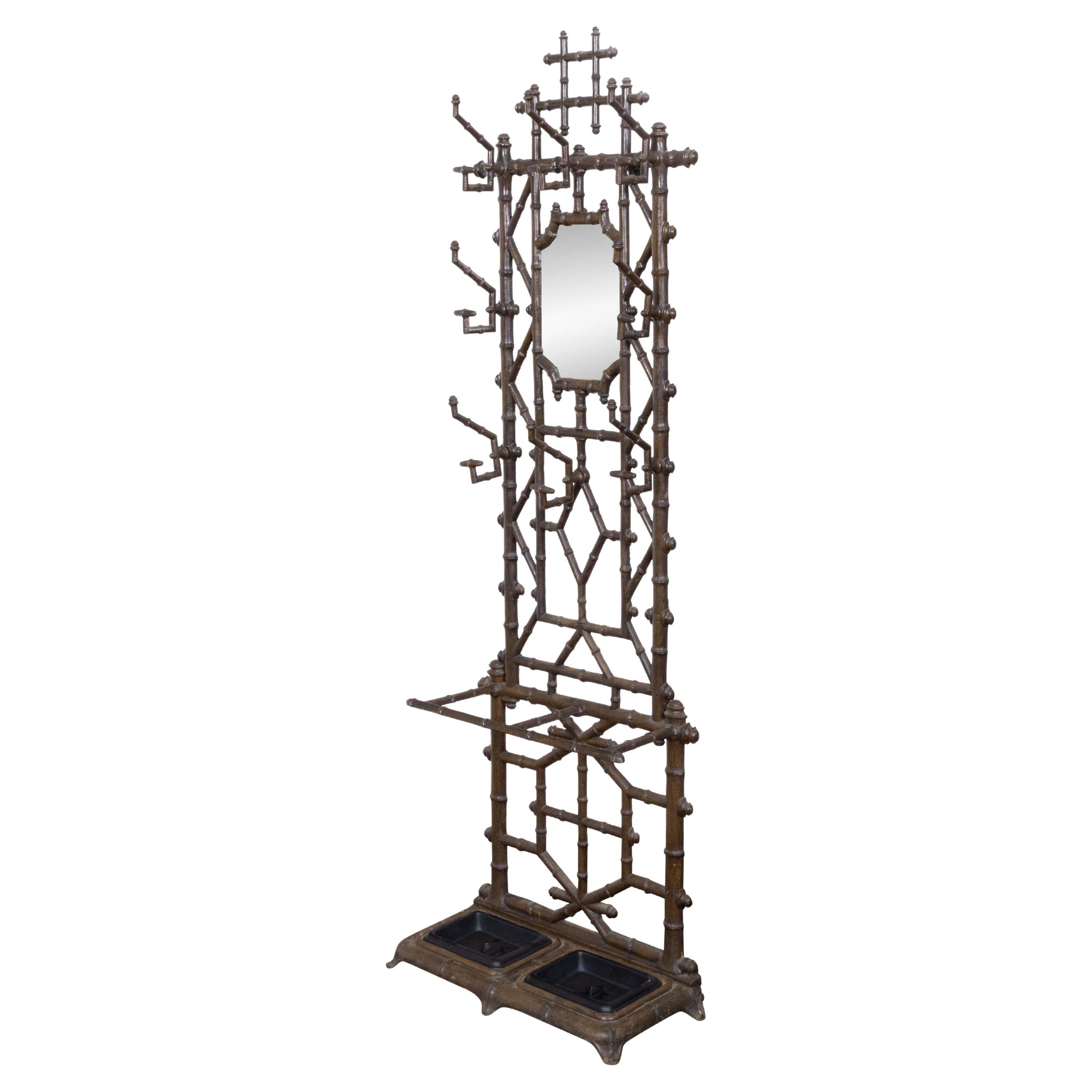 English Faux Bamboo Iron Hall Tree with Mirror and Umbrella Stand, circa 1900