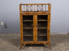 English Faux Bamboo Japanned Cabinet with Leather Shelves, 19th Century