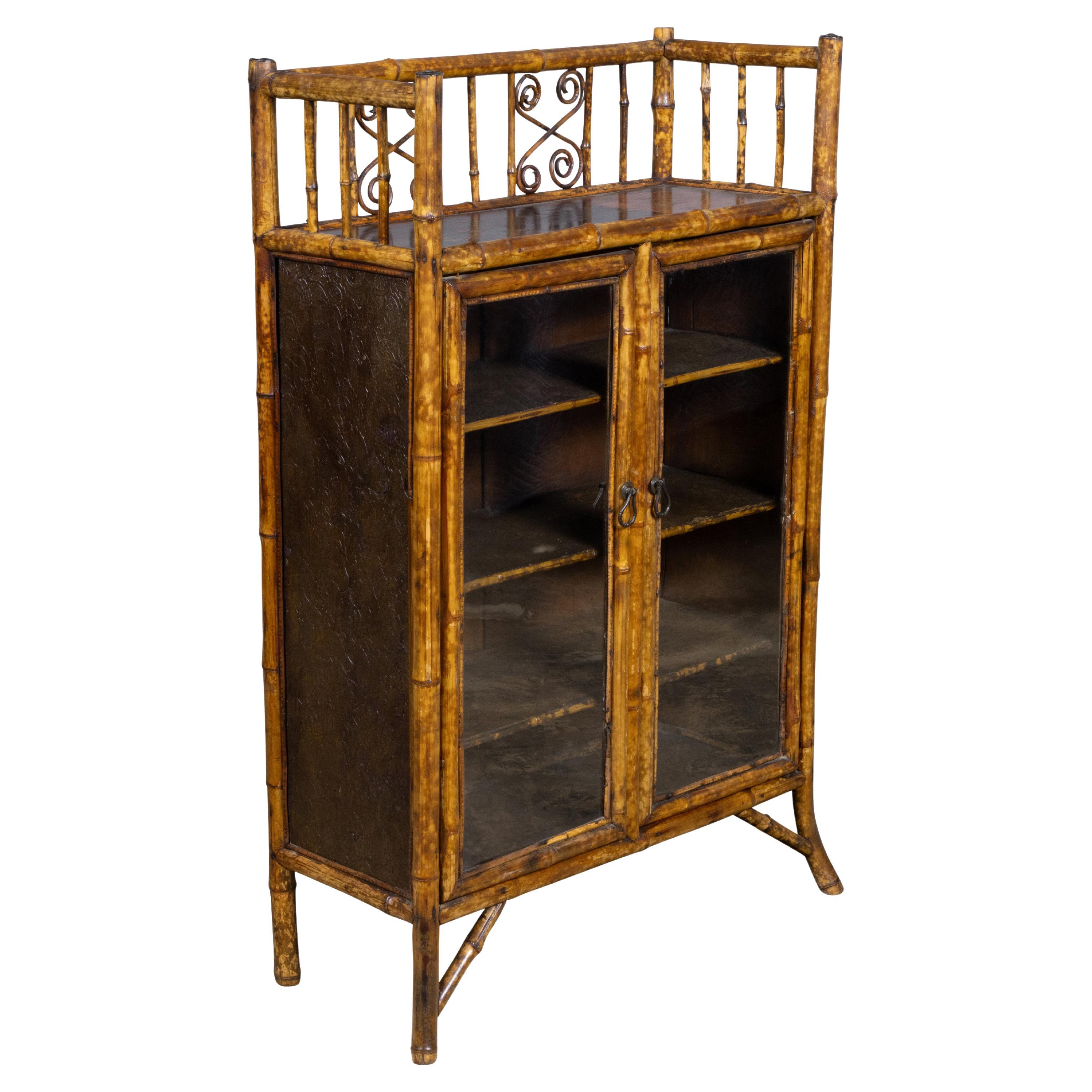 English Faux Bamboo Japanned Cabinet with Leather Shelves, 19th Century