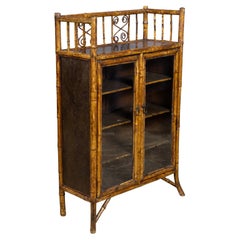 English Faux Bamboo Japanned Cabinet with Leather Shelves, 19th Century