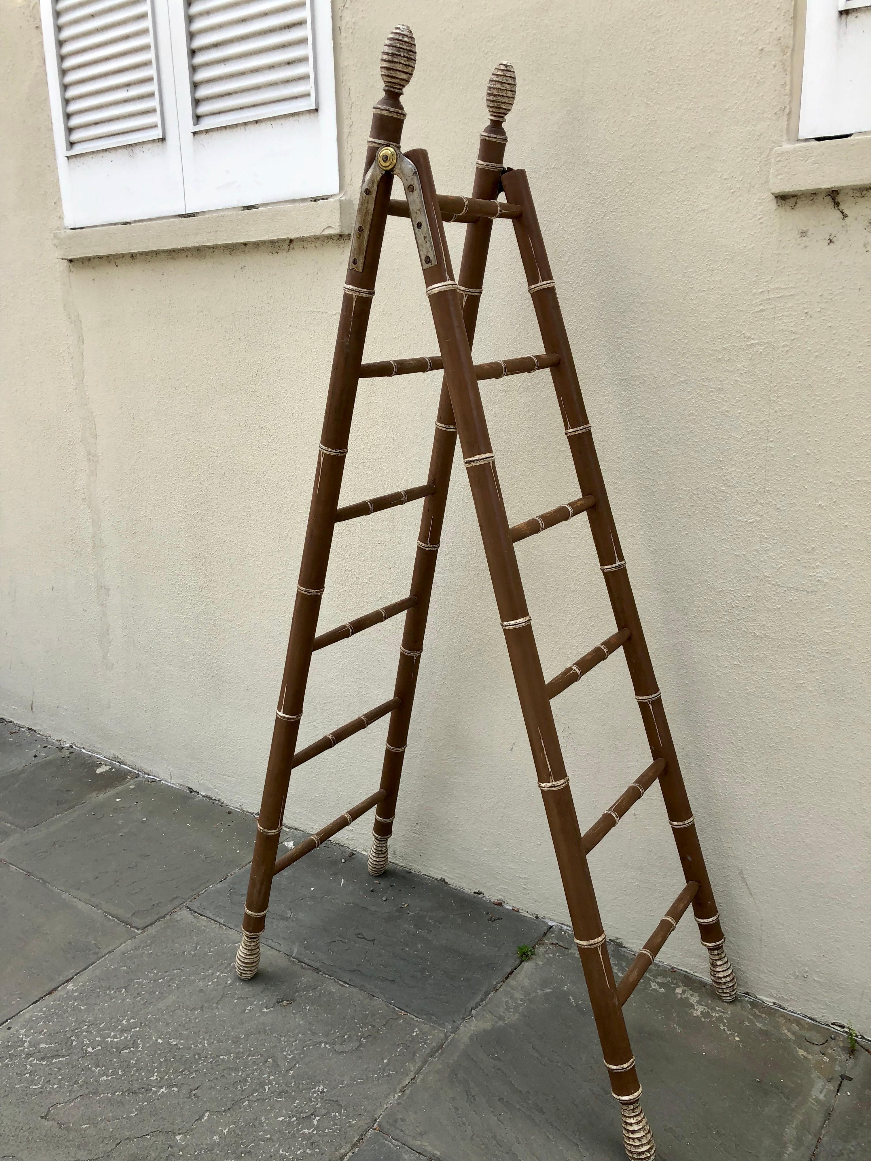Regency English Faux Bamboo Library Ladder in Brown Paint with White Accents, circa 1830