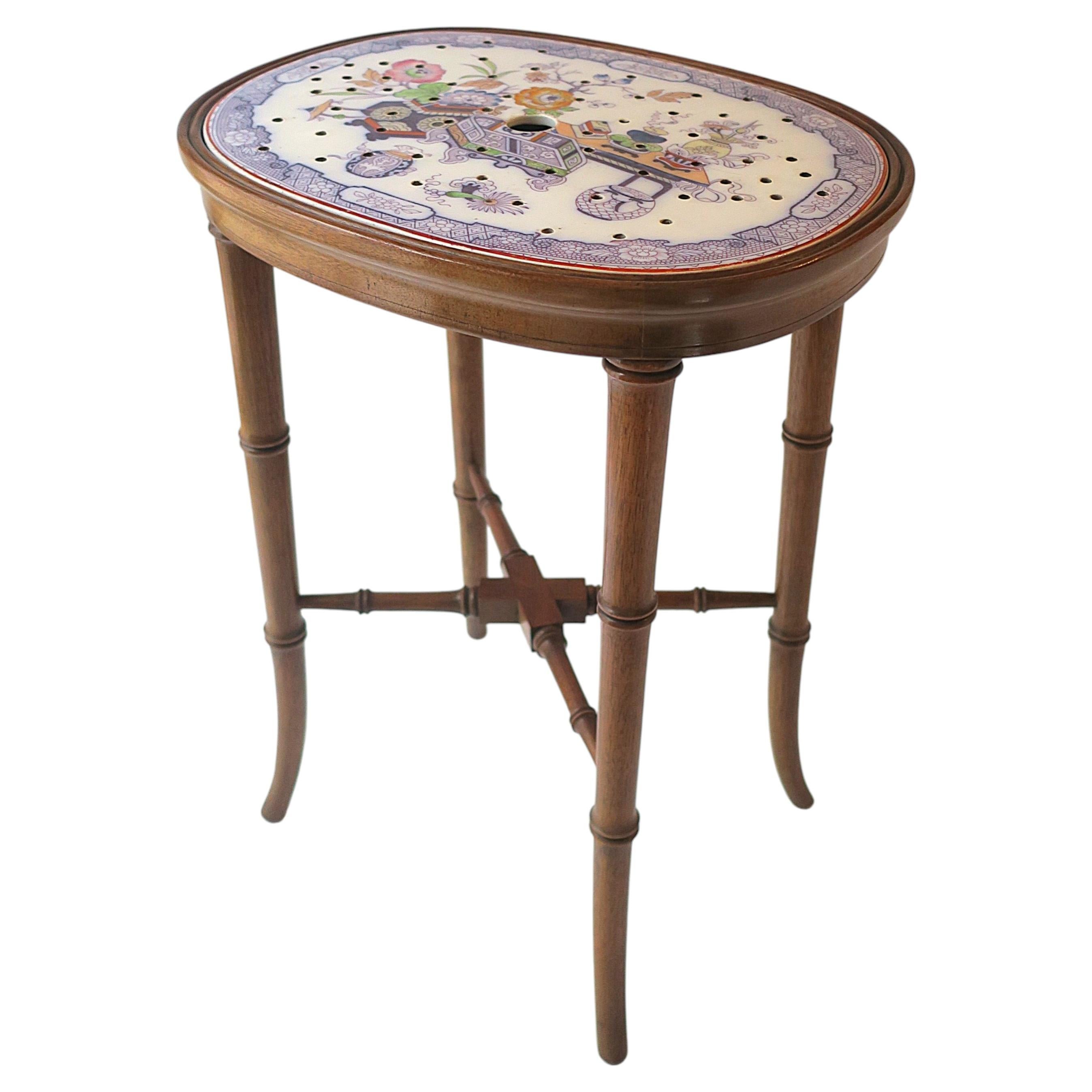 English Faux-Bamboo Mahogany Side Table with Porcelain Top, Circa Early-20th C