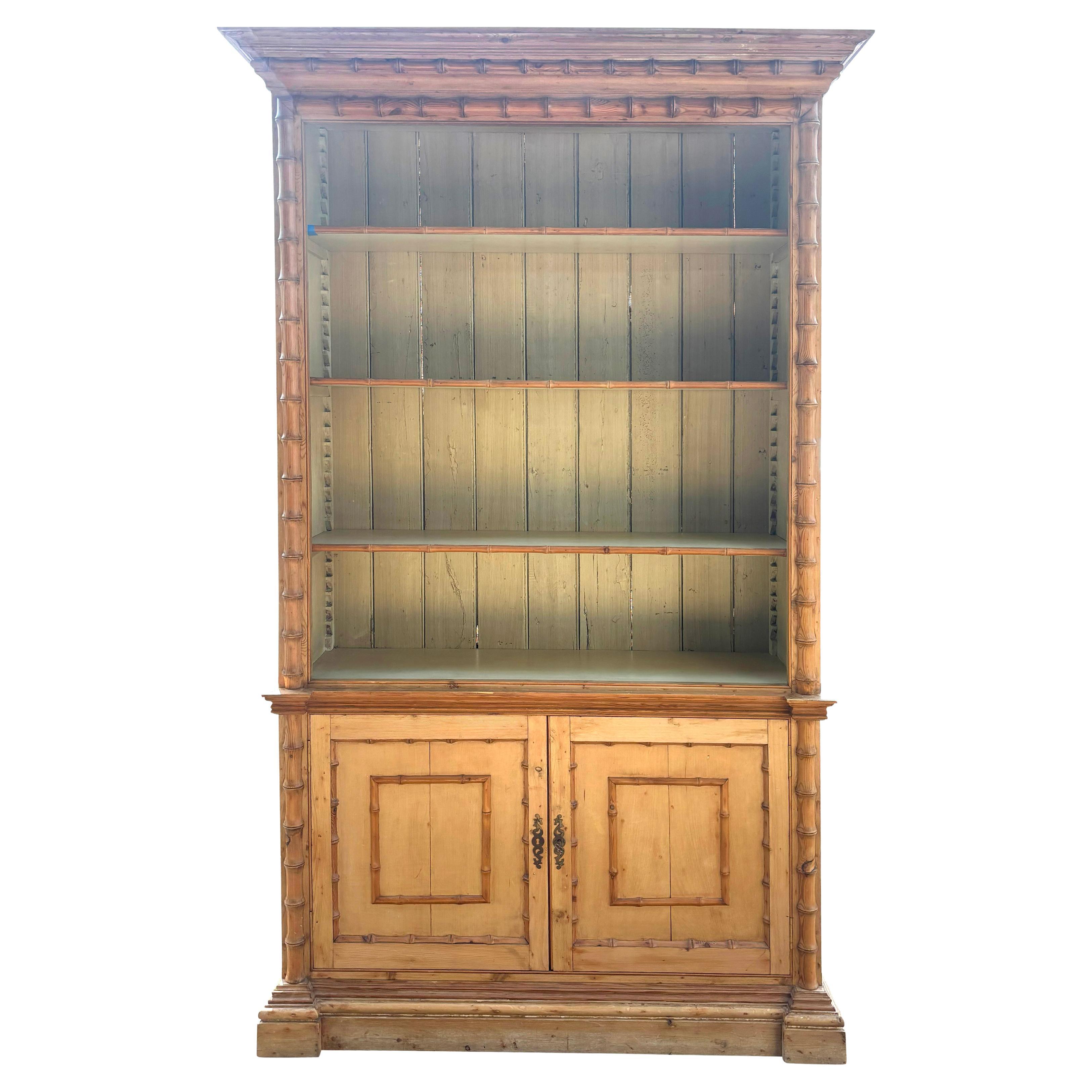 English Faux Bamboo Pine Bookcase Cabinet